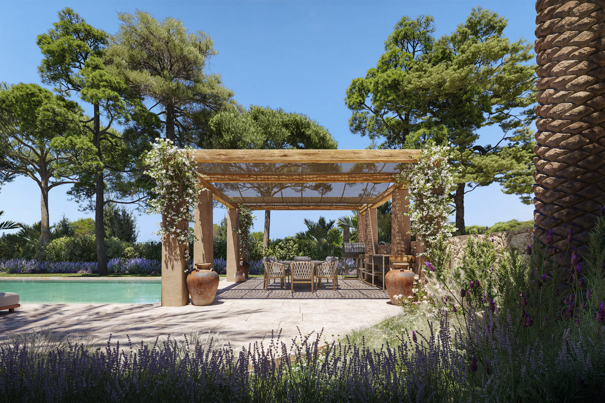 Casa Cap Martinet Ibiza pergola Visualizacion fotorrealista