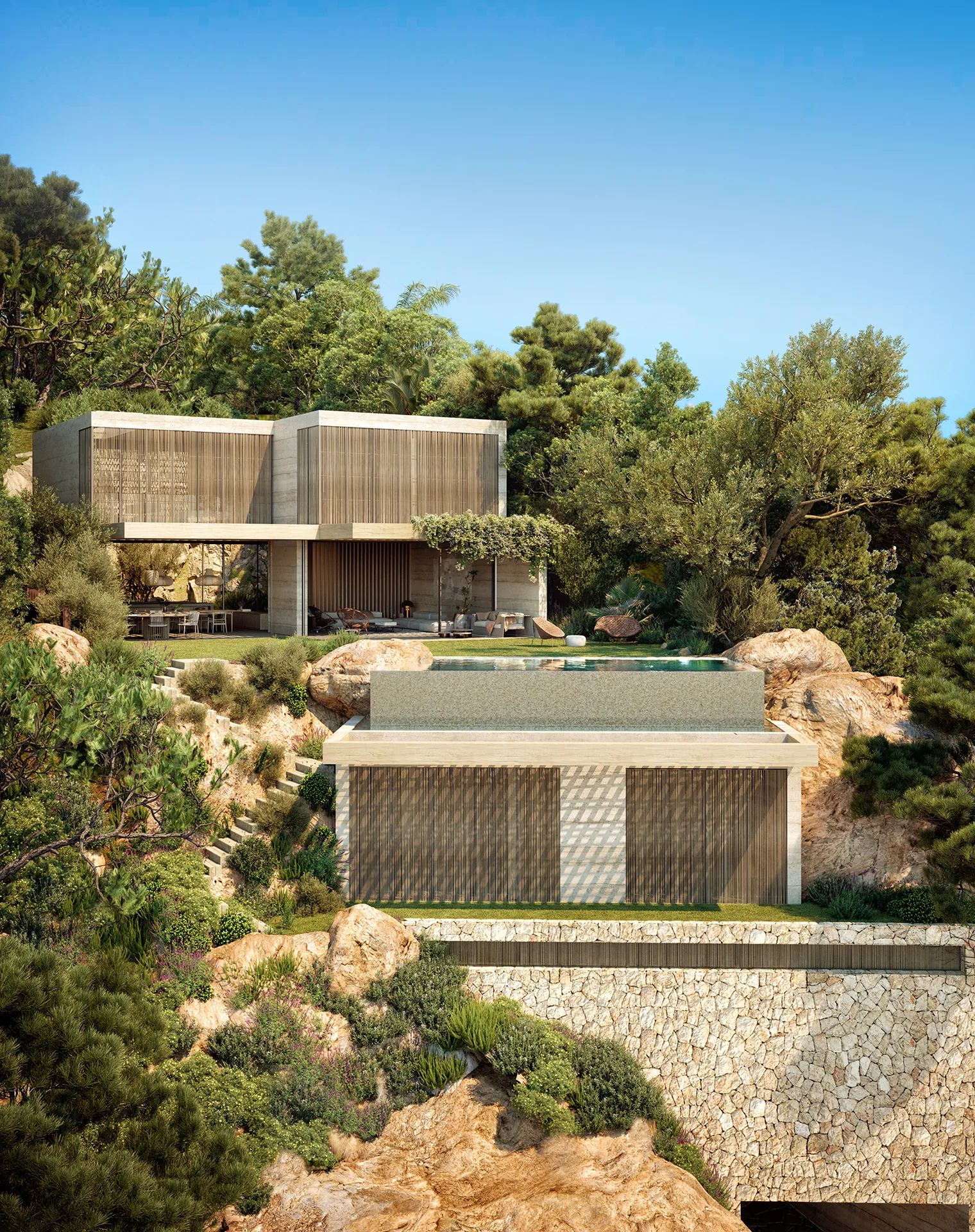 Villa Port Dandratx Mallorca Fassade eye level photorealistic render