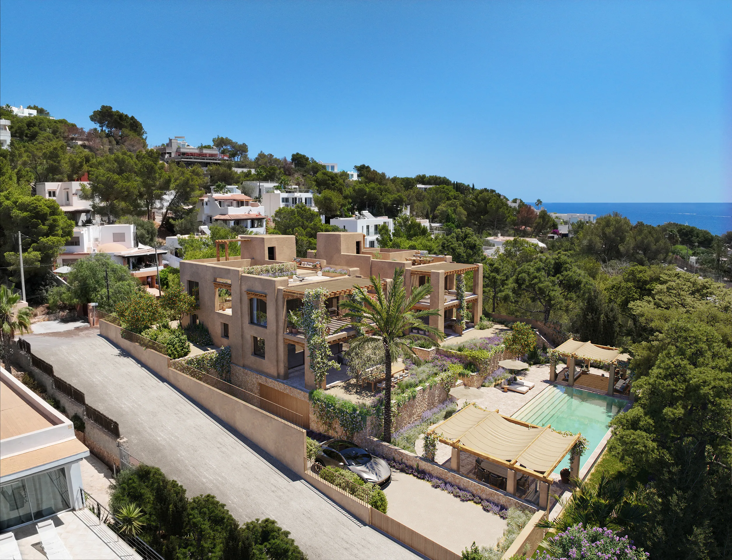 Casa Cap Martinet Ibiza Vista aerea fotorrealismo 3D