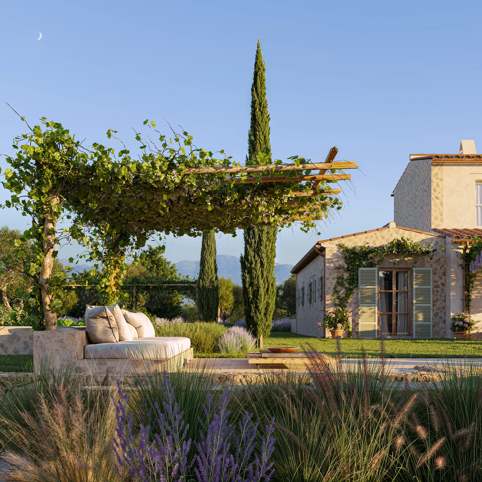 Villa Sta Maria Mallorca pergola Render fotorrealista