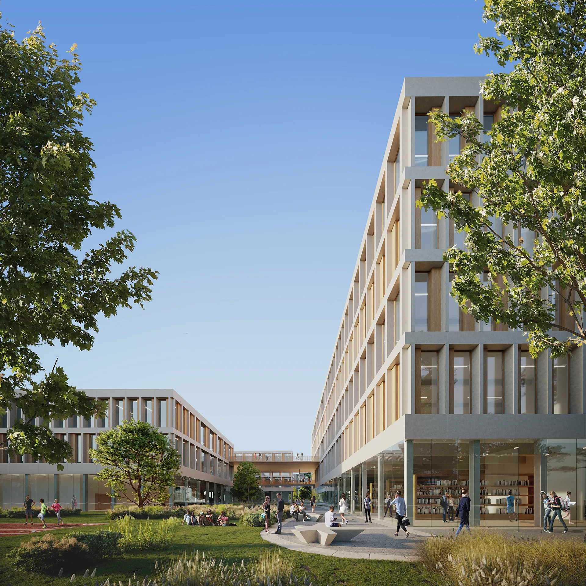 Ecole Meyrin Switzerland Fassade eye level Photorealistic 3D