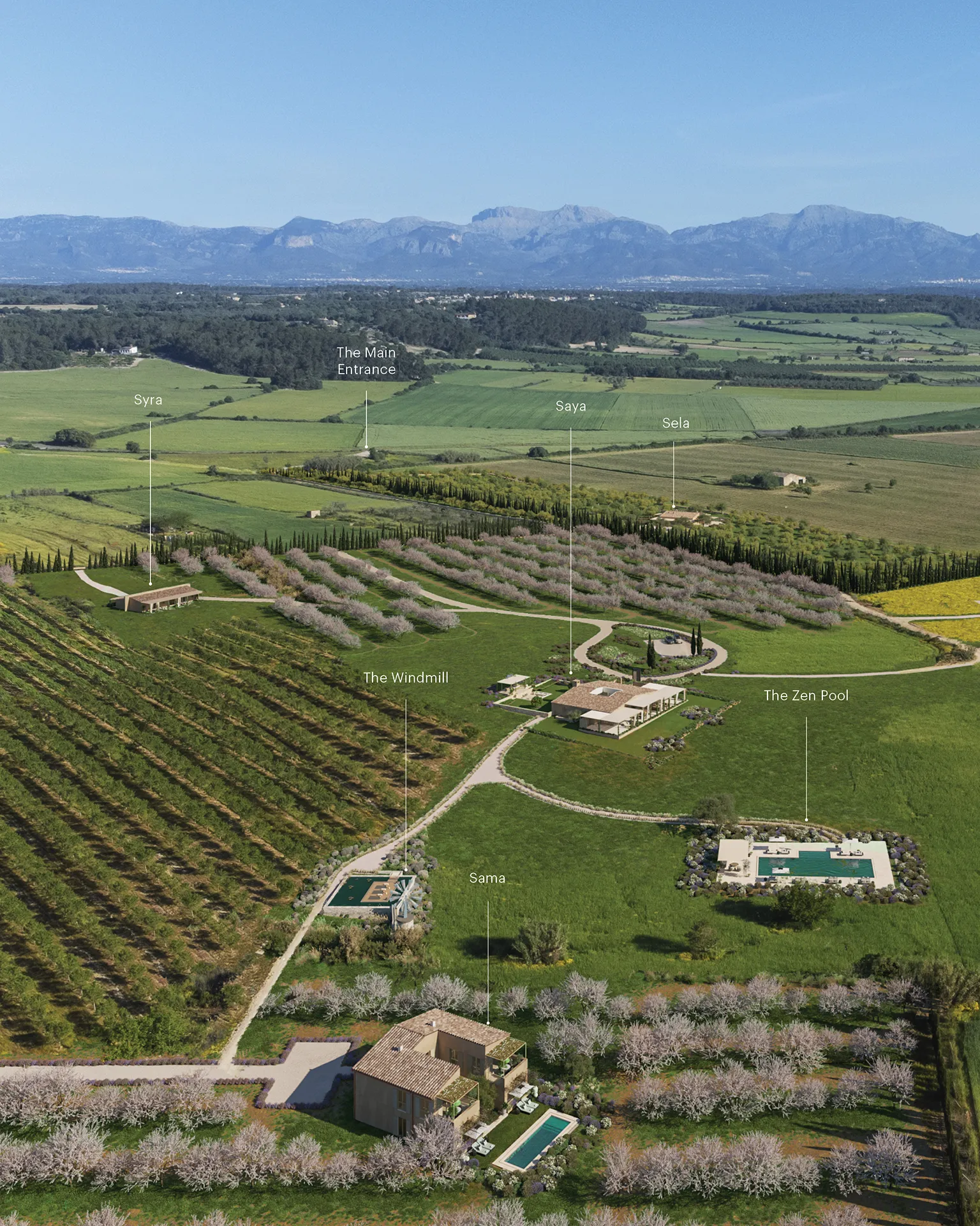 Finca Montuiri Mallorca Aerial view Photorealistic Rendering