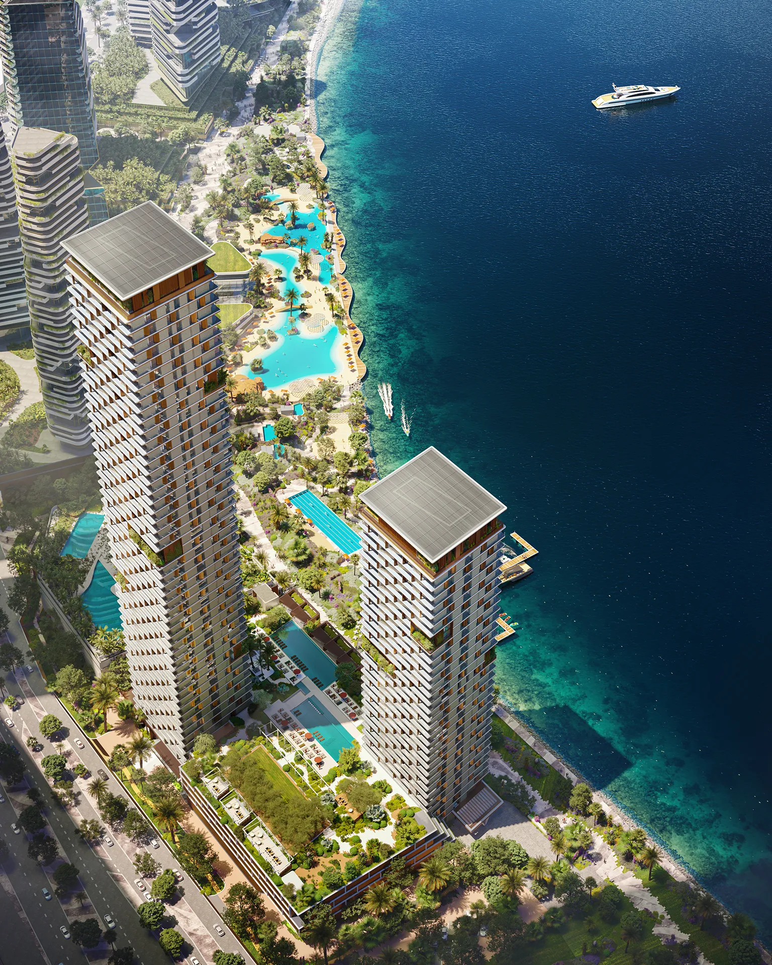 Dmc viviendas Maritime City Dubai Vista aerea render fotorrealista