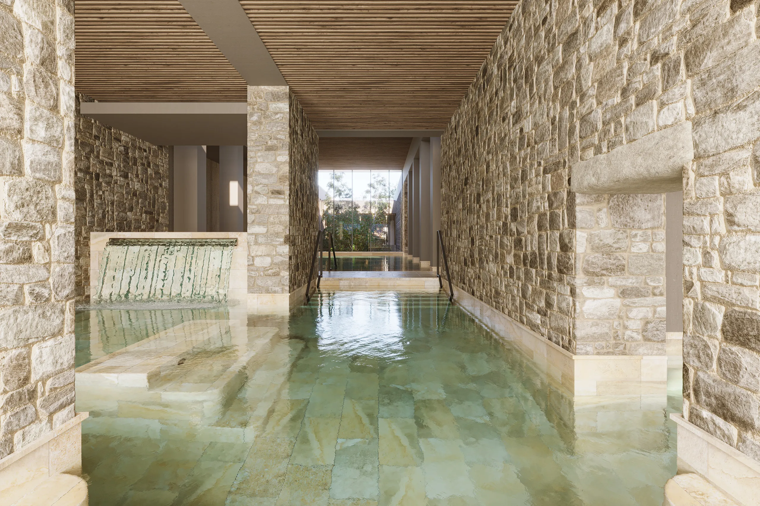 Hotel Couvent Mane Francia piscina interior visualizacion arquitectonica