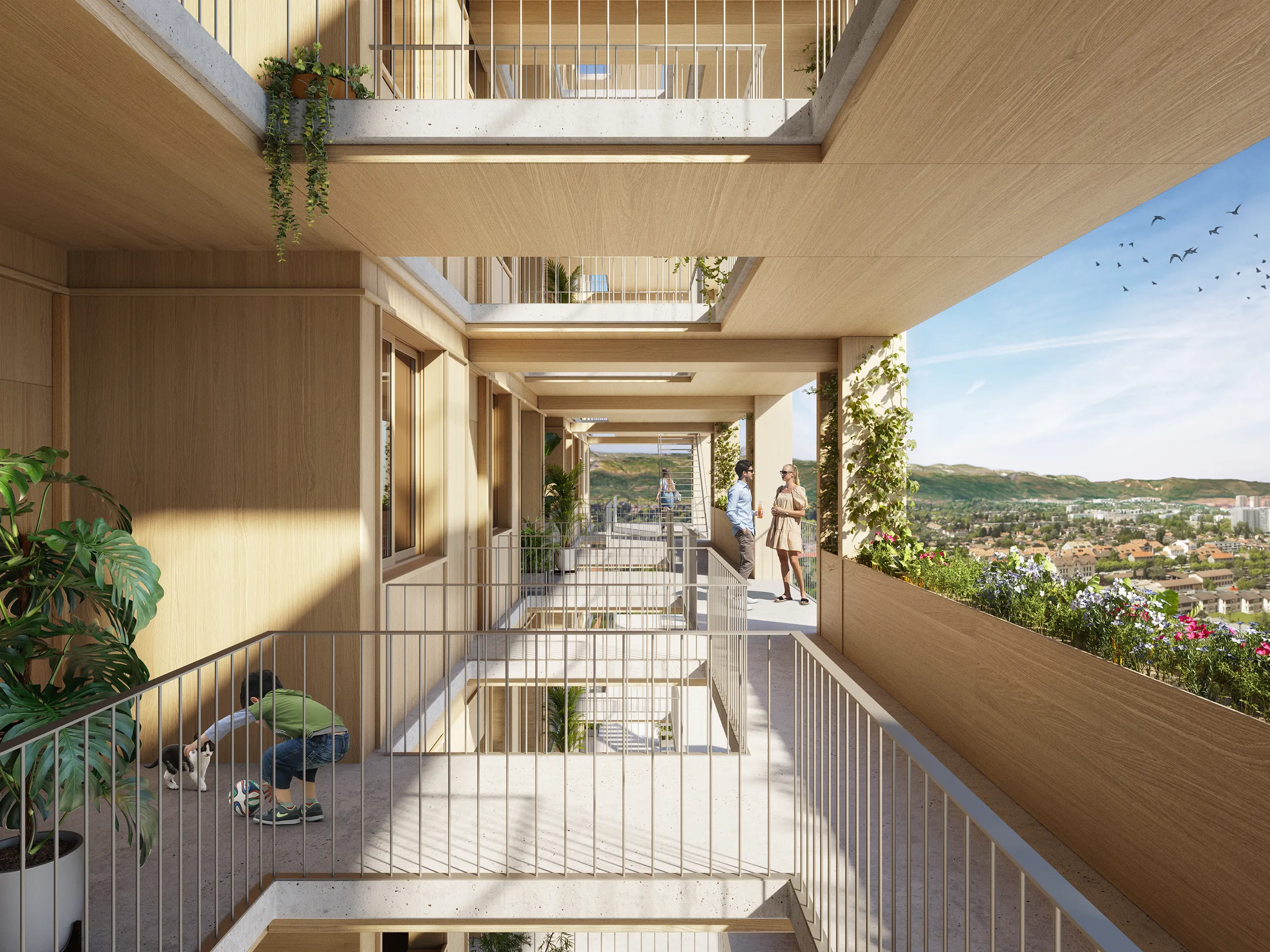 Le Rolliet Vivienda Suiza pasillo render fotorrealista
