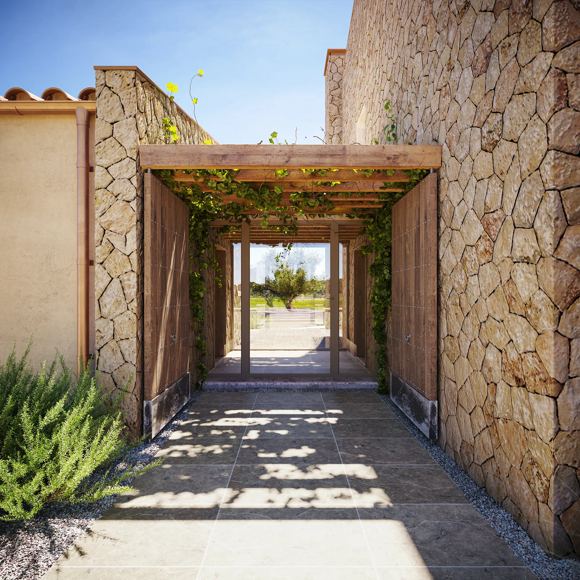 Finca Santanyi Mallorca Entrance photorealistic 3d