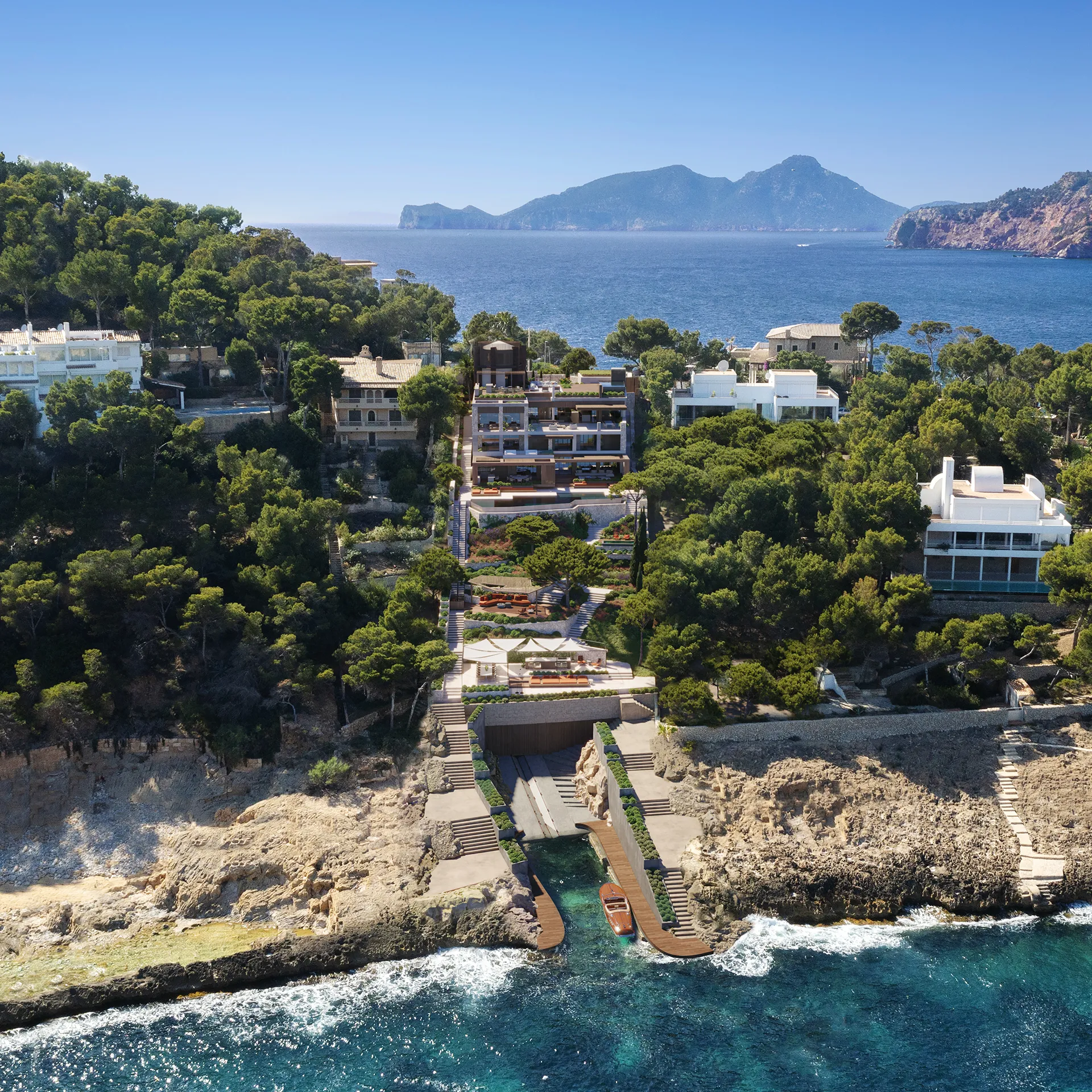 Villa Boat Inlet Andratx Mallorca Vista aerea 3D Fotorrealismo