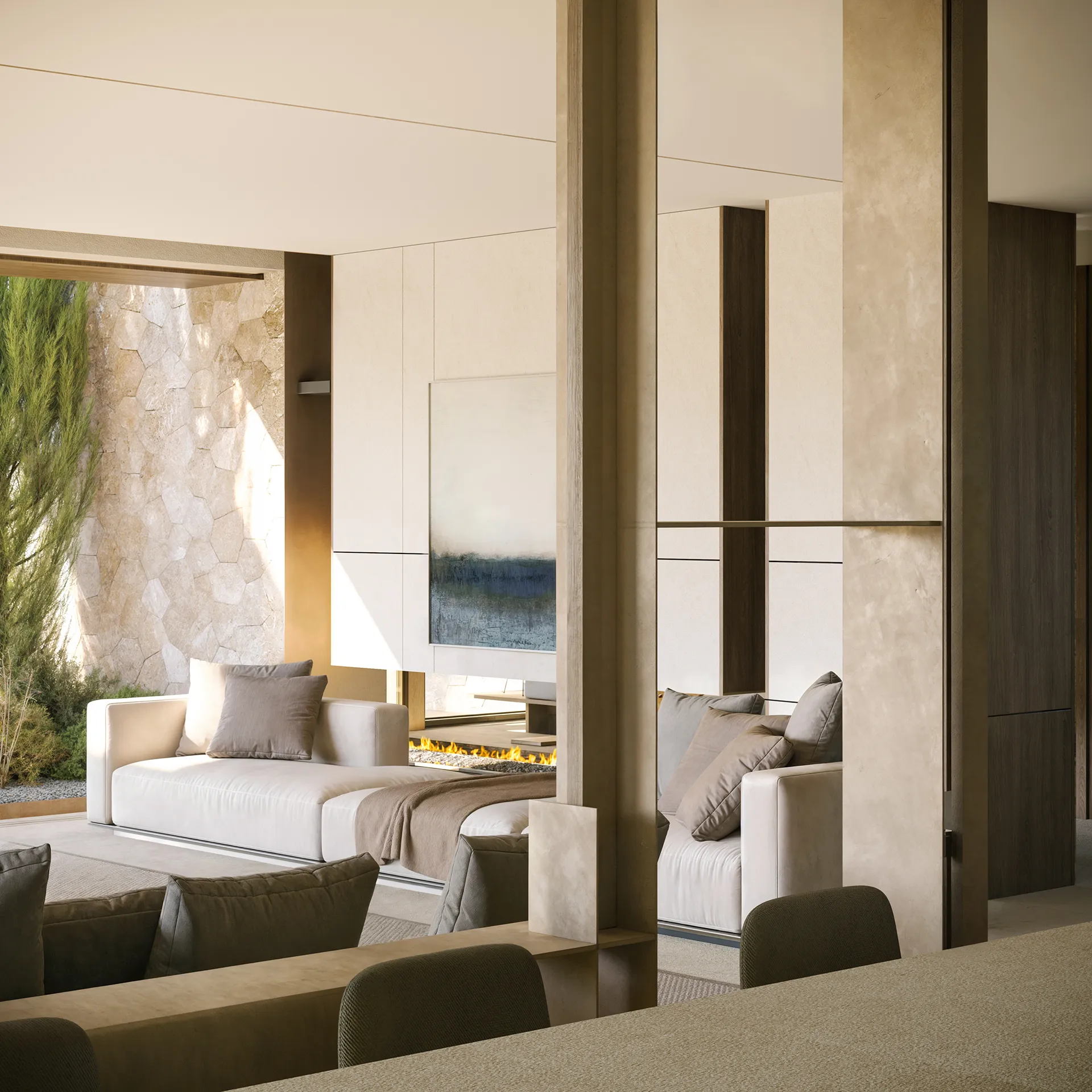 Villa Cala Falco Mallorca sala estar 3D Arquitectura