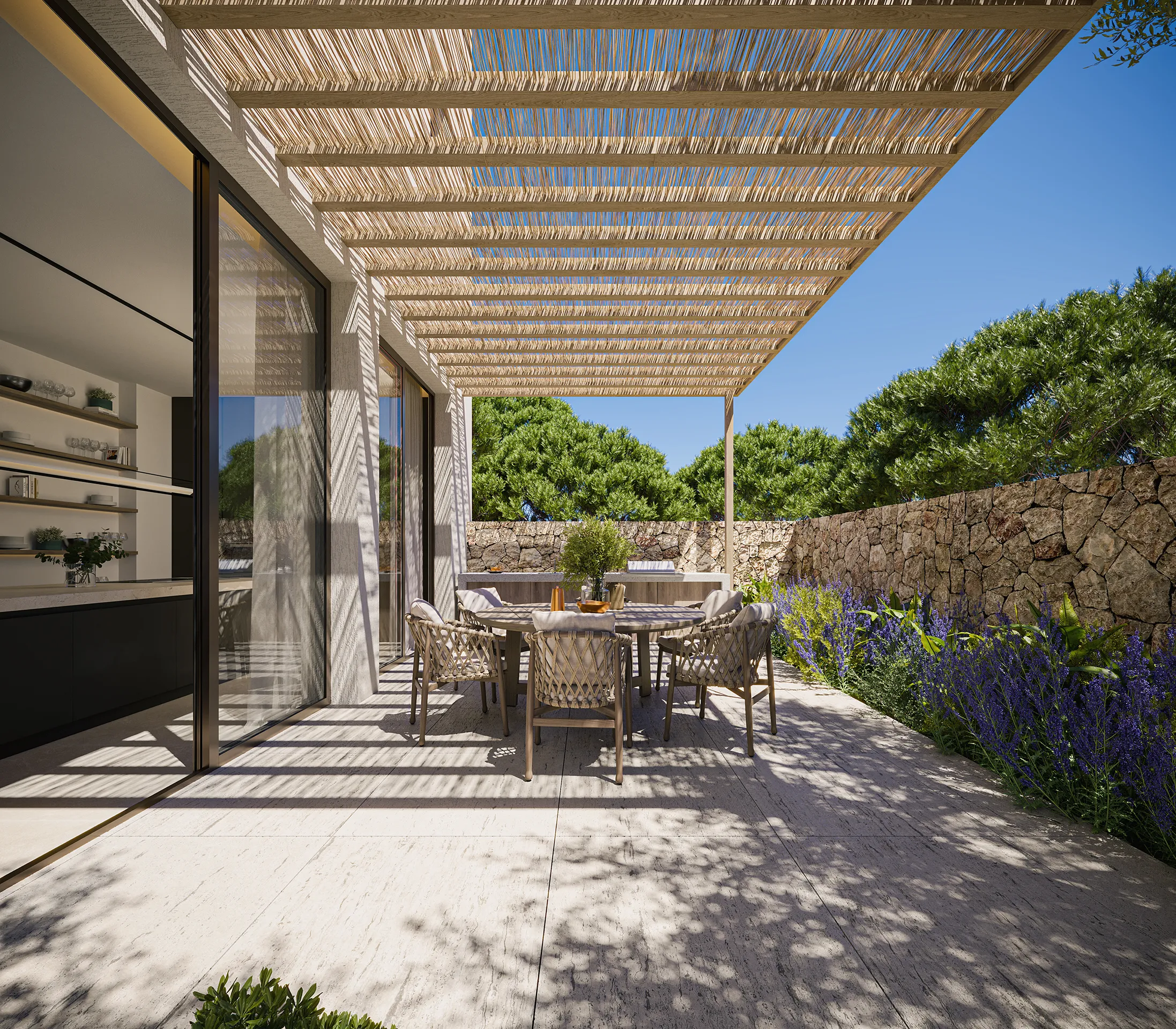 Villa Santanyi Mallorca pergola render fotorrealista
