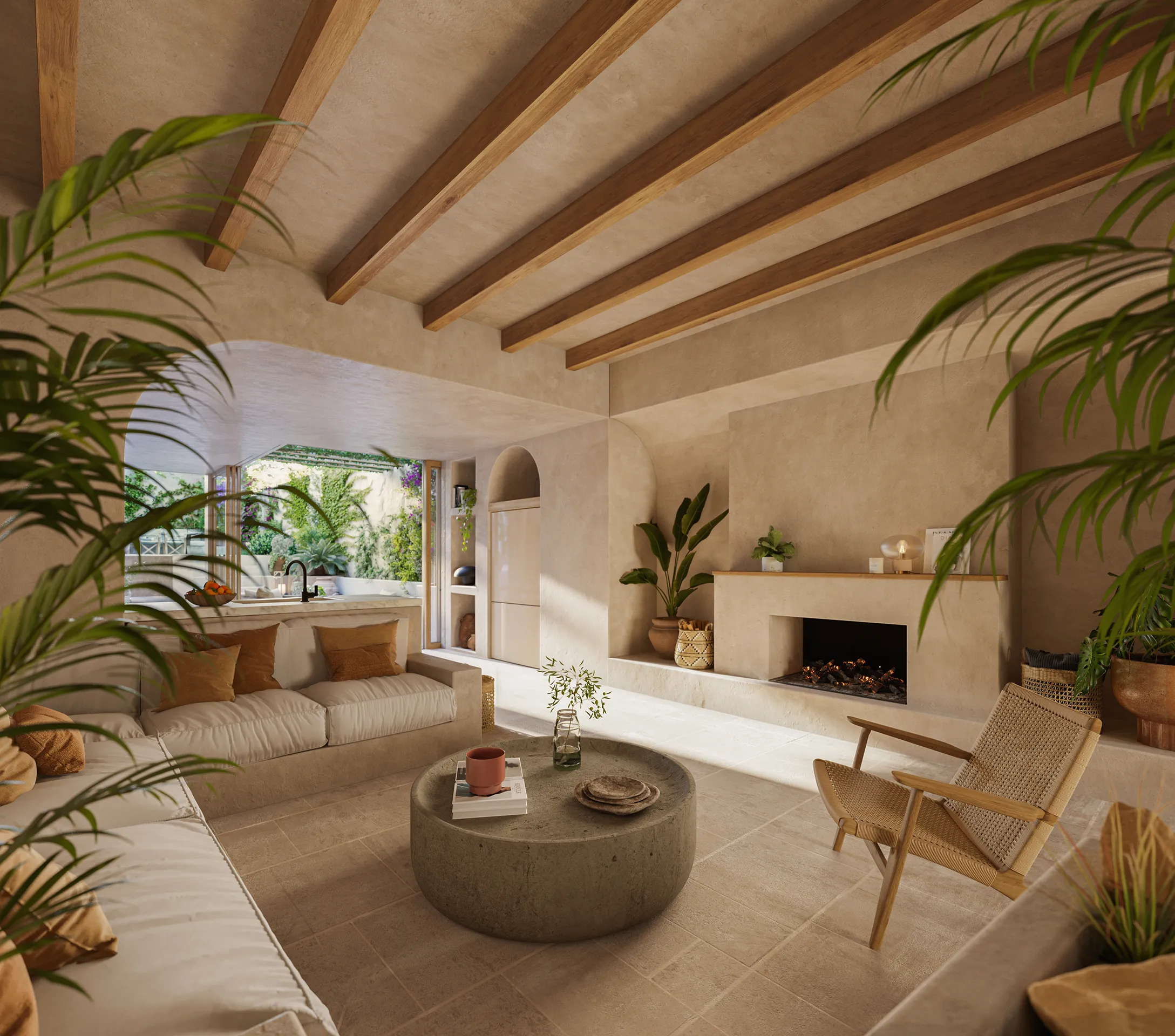 Casa Alaro Mallorca sala estar Renders arquitectura