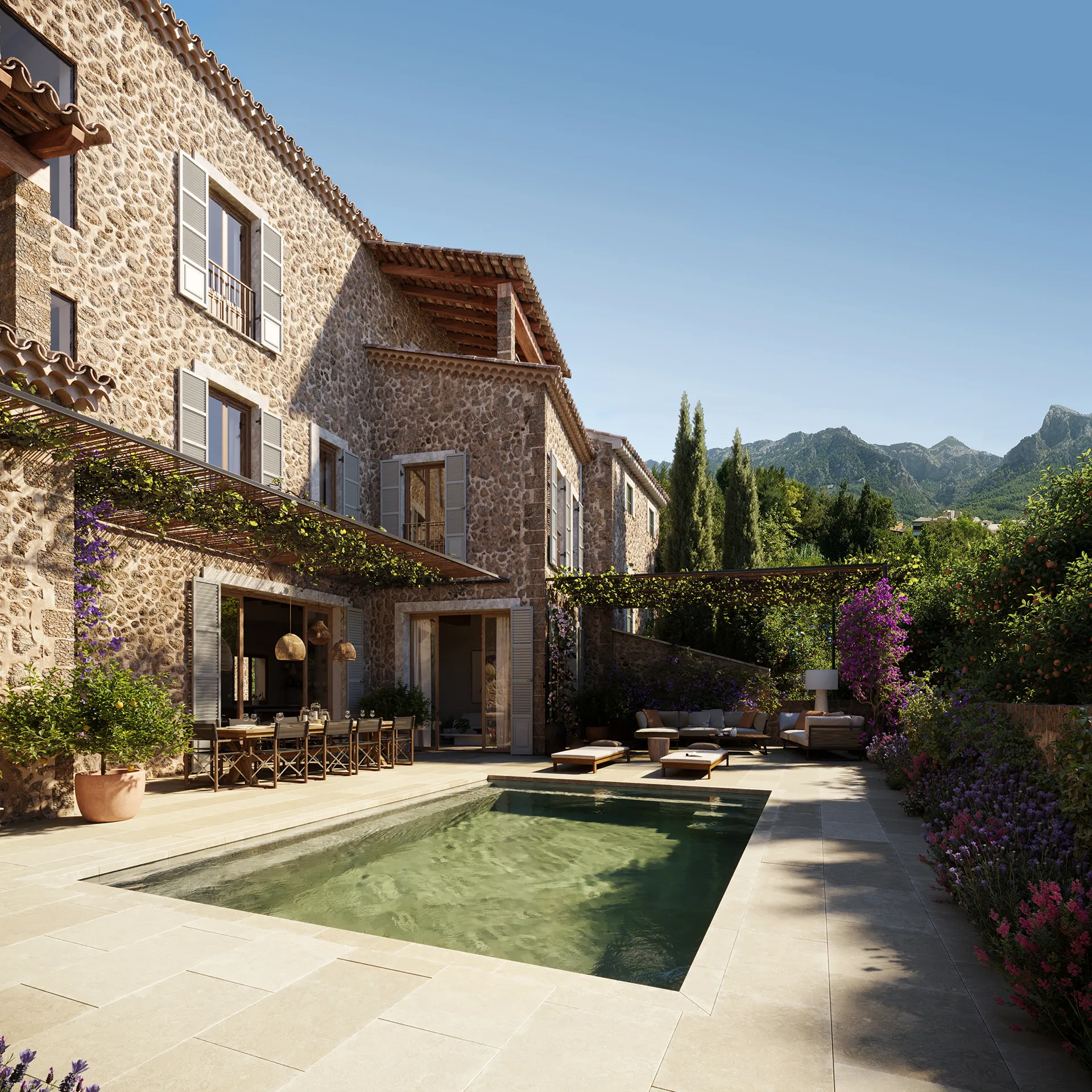 Casa Soller Mallorca piscina Tour virtual fotorrealista