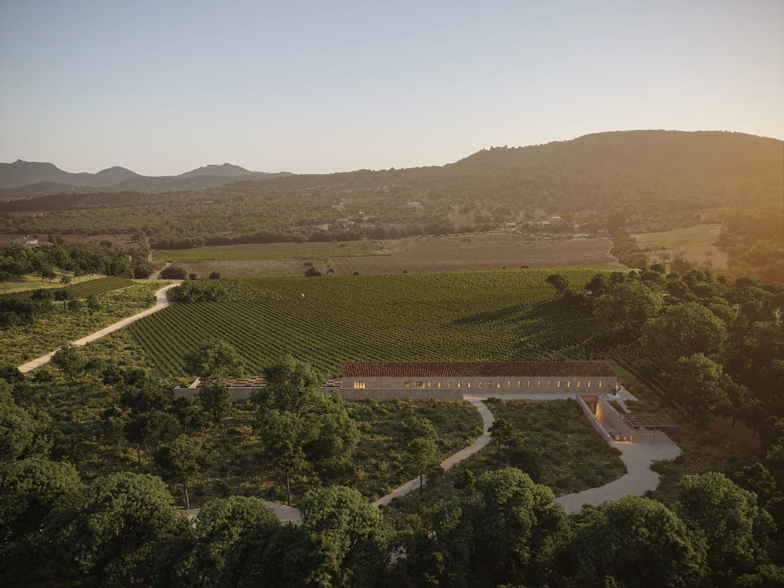 Finca Randa Mallorca Aerial view photorealistic rendering