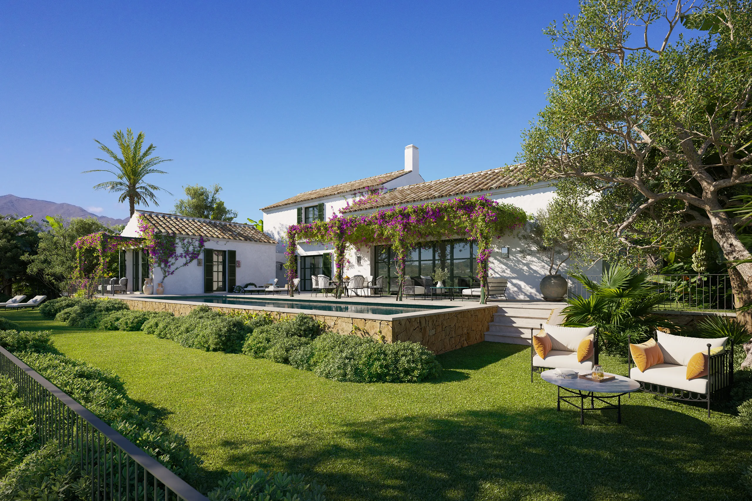 viviendas Finca Cortesin Marbella jardin 3D Arquitectura