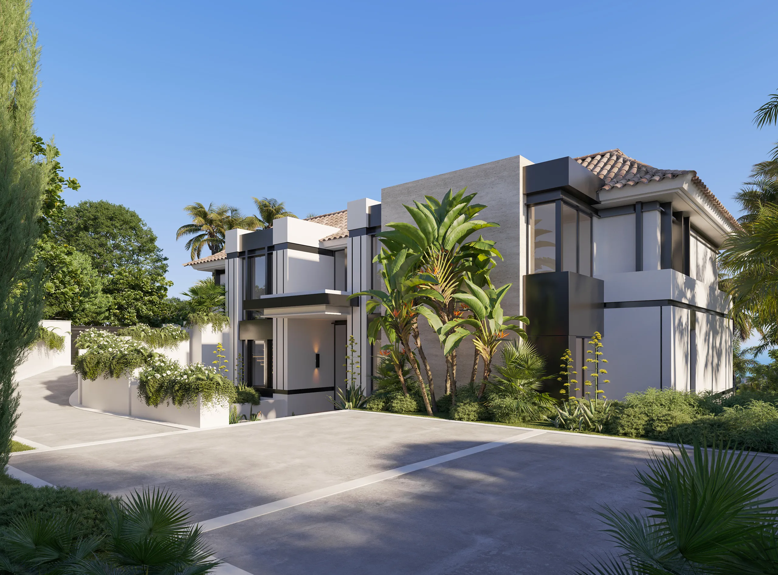 Villa lujo Marbella acceso rodado Visualizacion arquitectonica