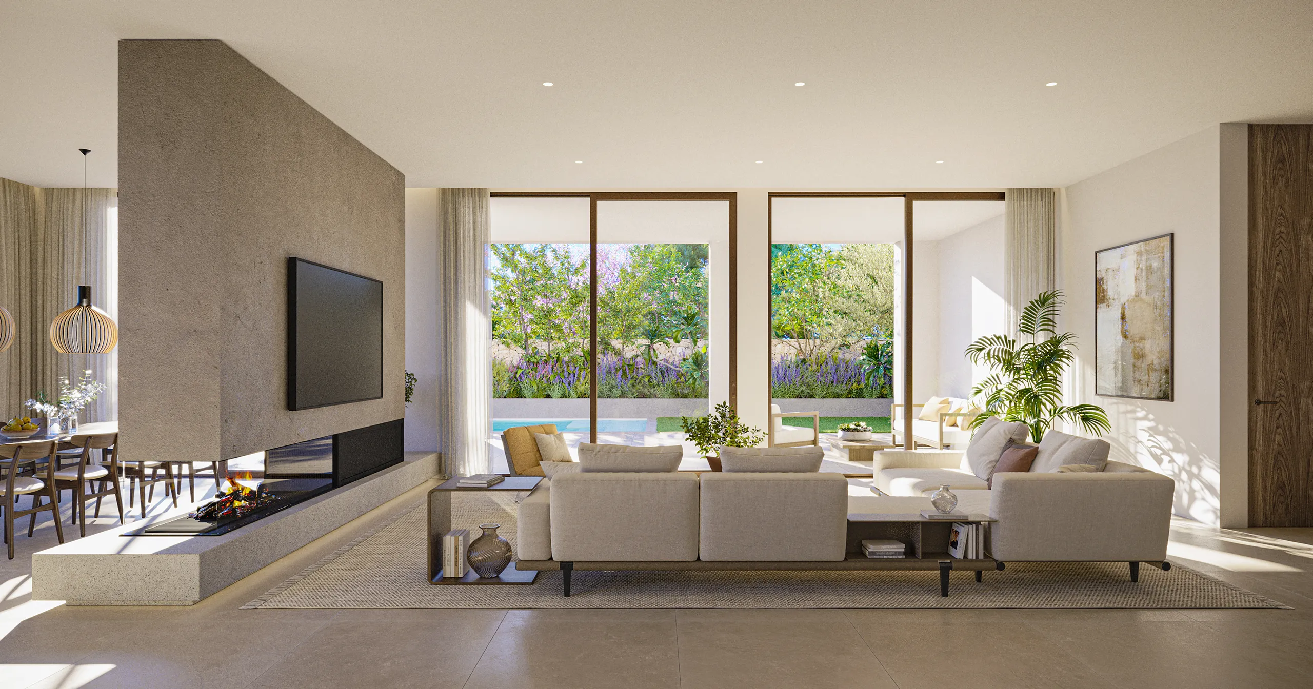 Villa Santanyi Mallorca sala estar Visualizacion arquitectonica