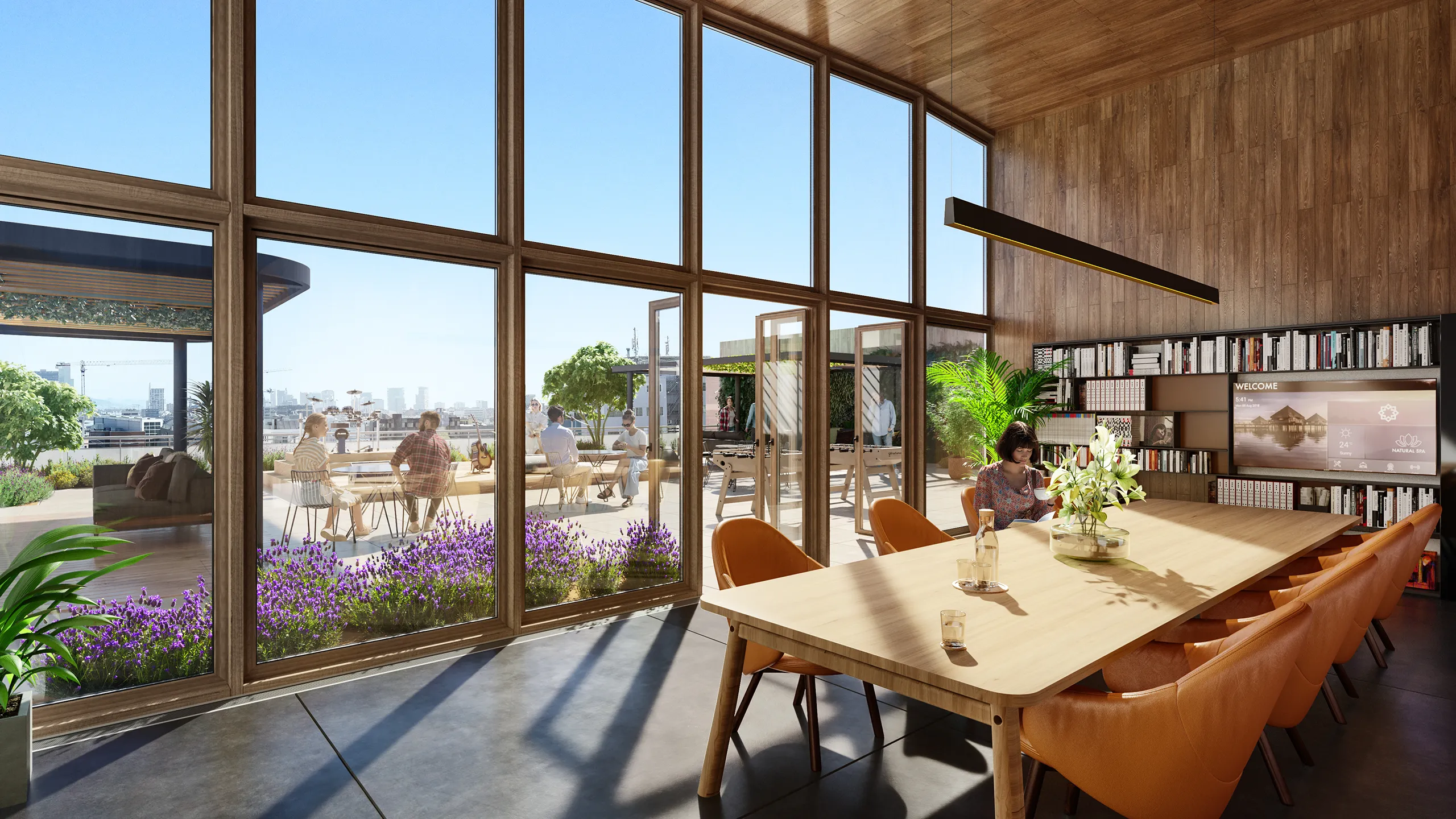 Oficinas Meridiana Barcelona restaurante bar Render de arquitectura