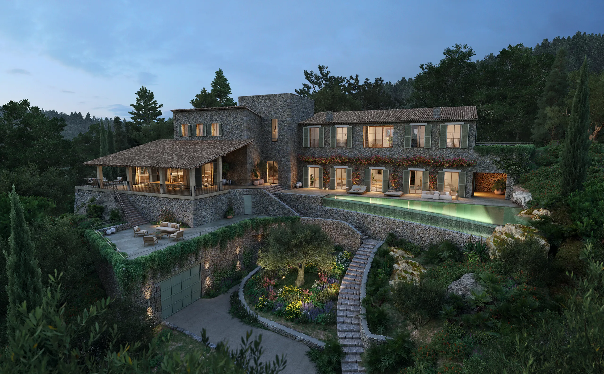 Villa Deia Mallorca Living architectural rendering