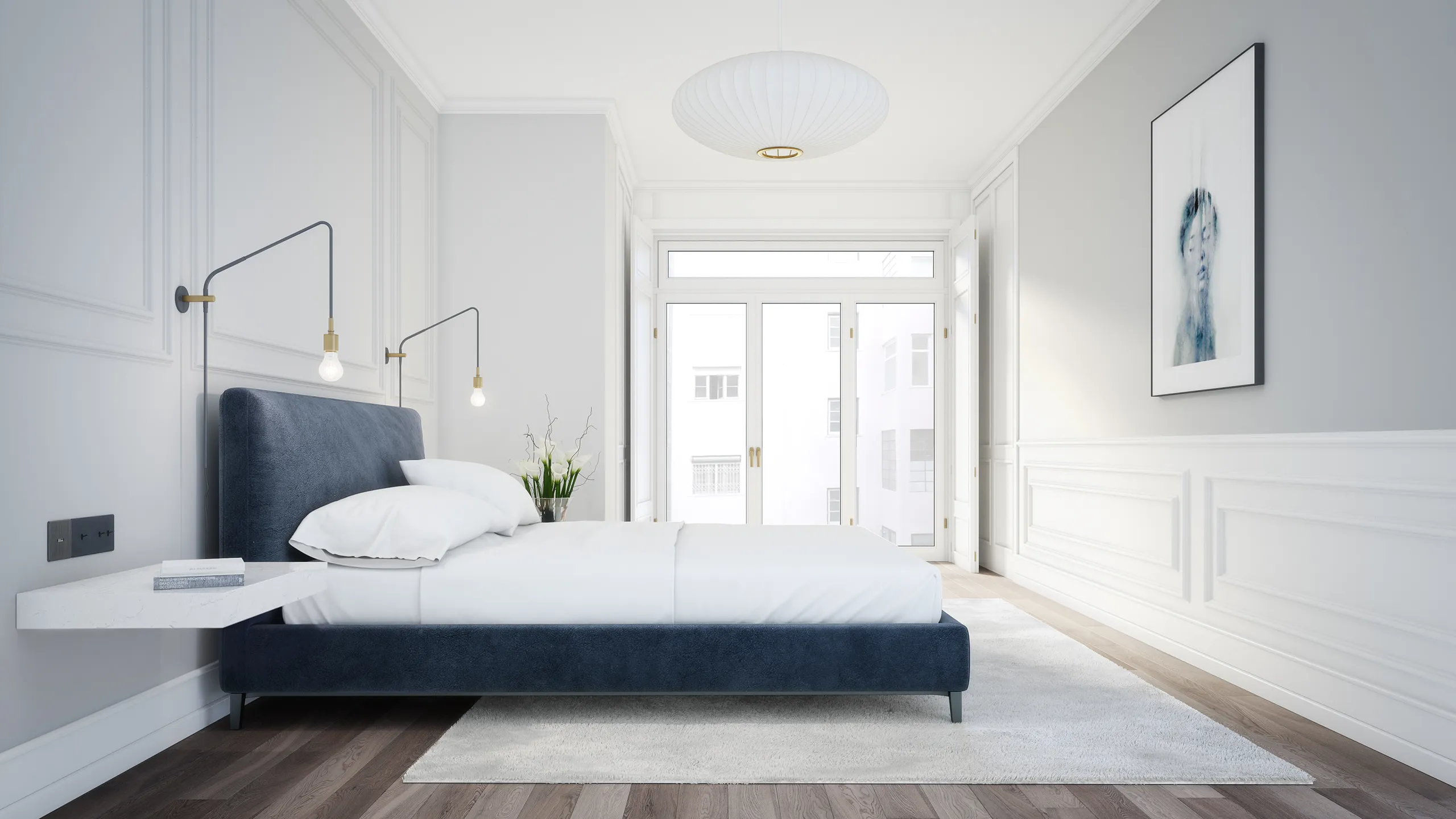 Conde Valbom viviendas Lisboa Portugal Dormitorio Visualizacion fotorrealista