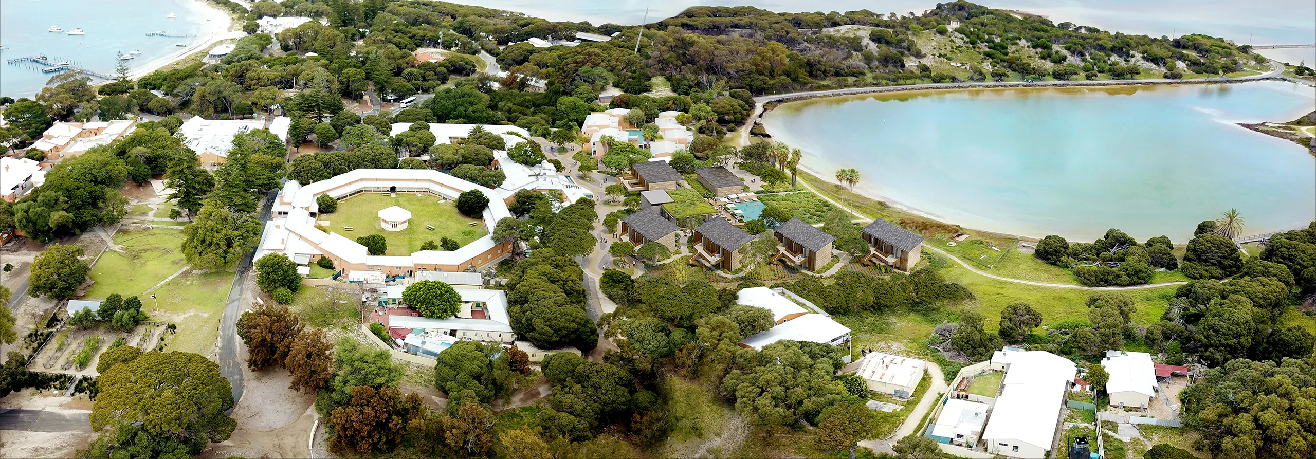 Hotel Lodge Rottnest Island Australia Aerial view Hyperrealistic Cgi