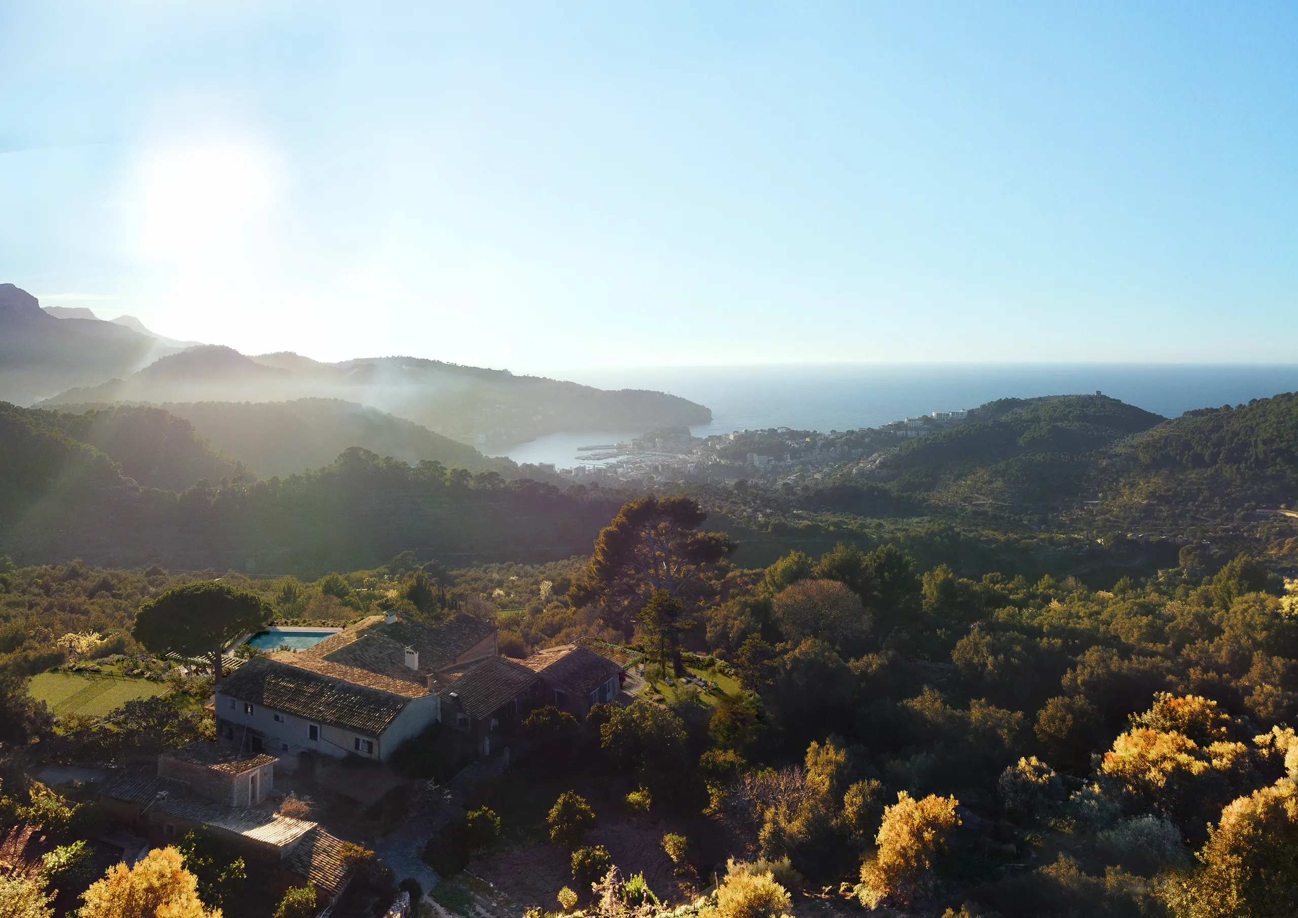 Villa Soller Mallorca Aerial view Photorealistics Cgi