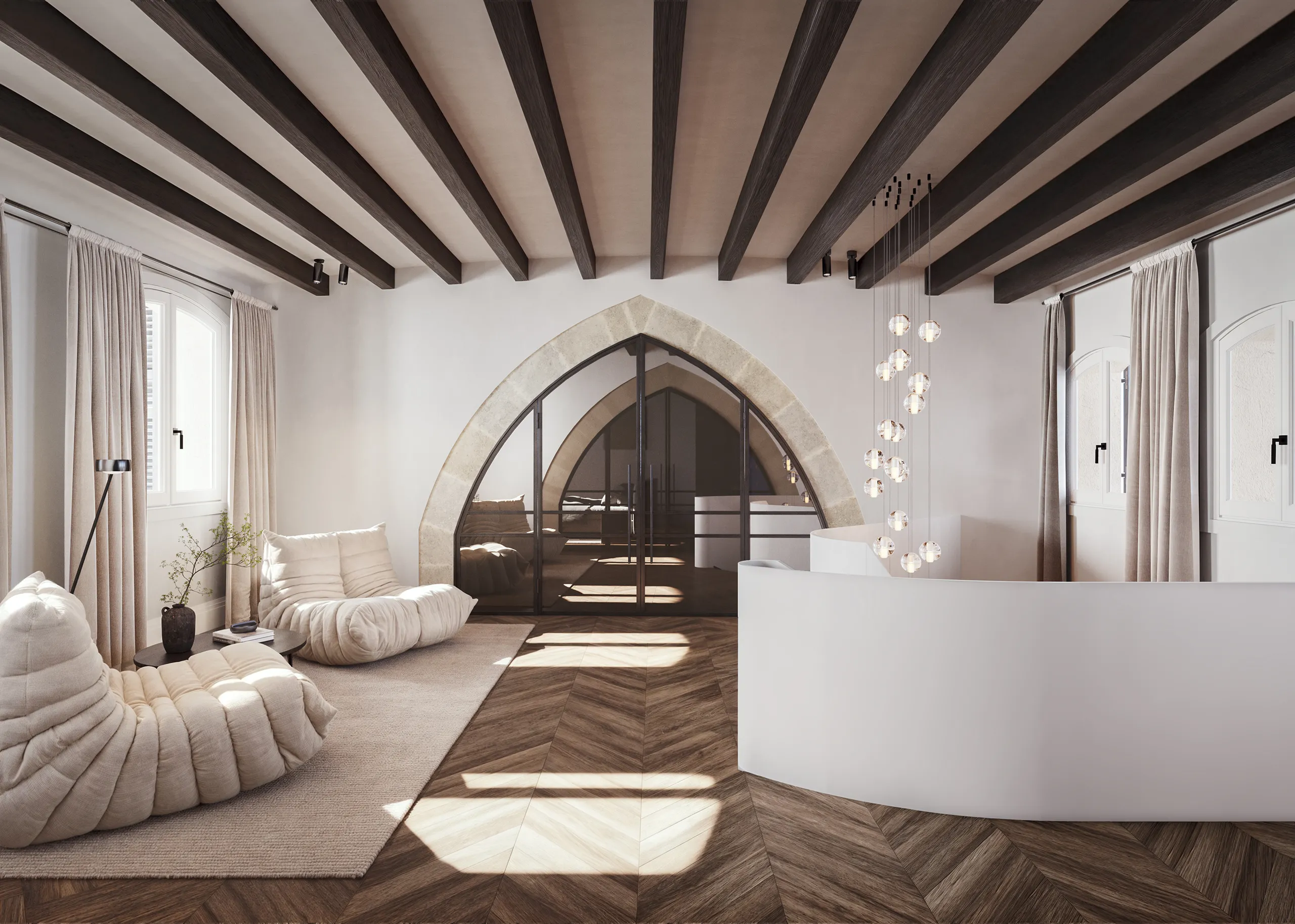 Can Granada apartamentos Palma Mallorca pasillo Visualizacion fotorrealista