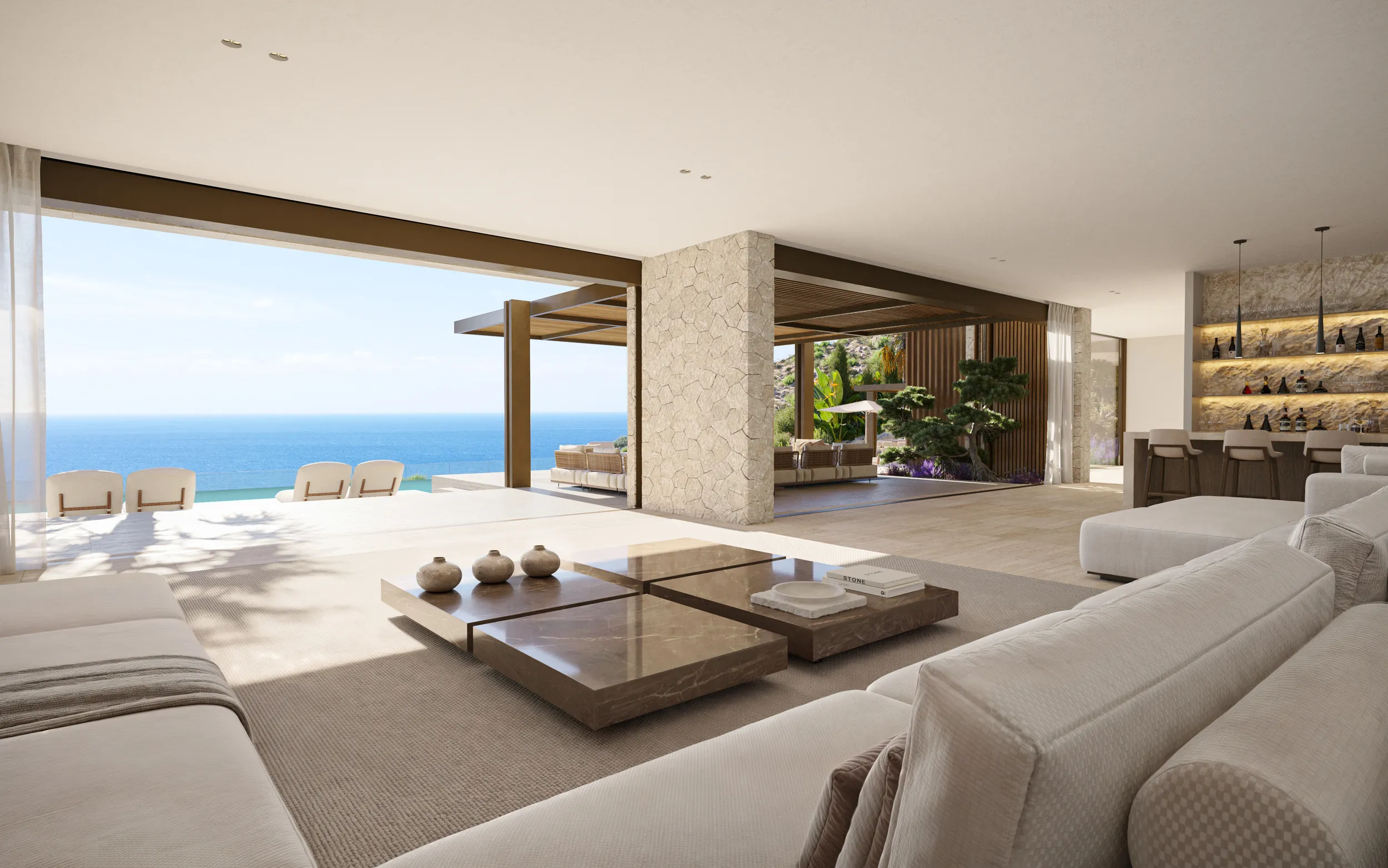 Villa Maravant Andratx Mallorca sala estar Render arquitectura