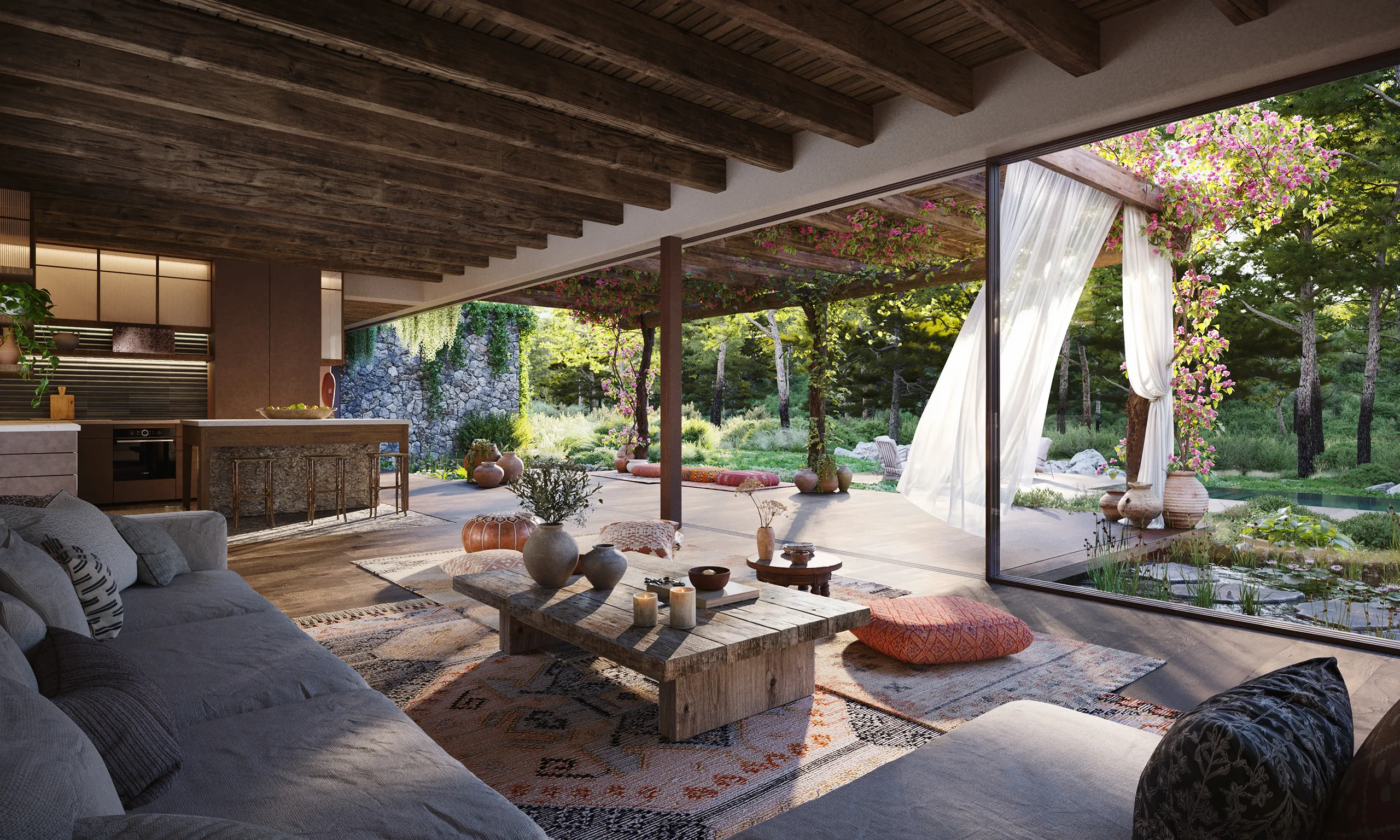 Finca Santa Gertrudis Ibiza sala estar Renders arquitectura