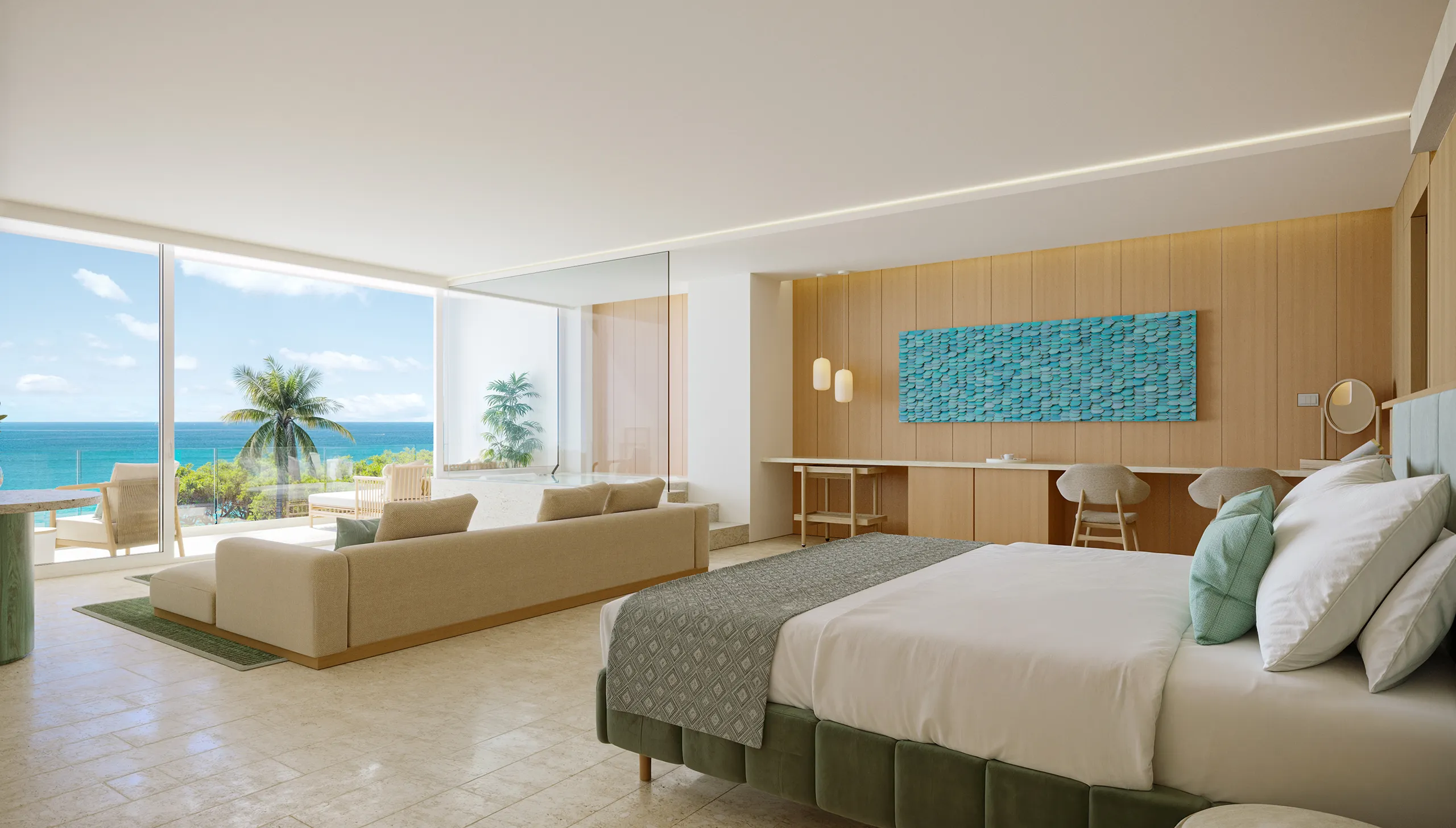 Hotel Joia Eagle Beach Aruba Dormitorio Visualizacion fotorrealista