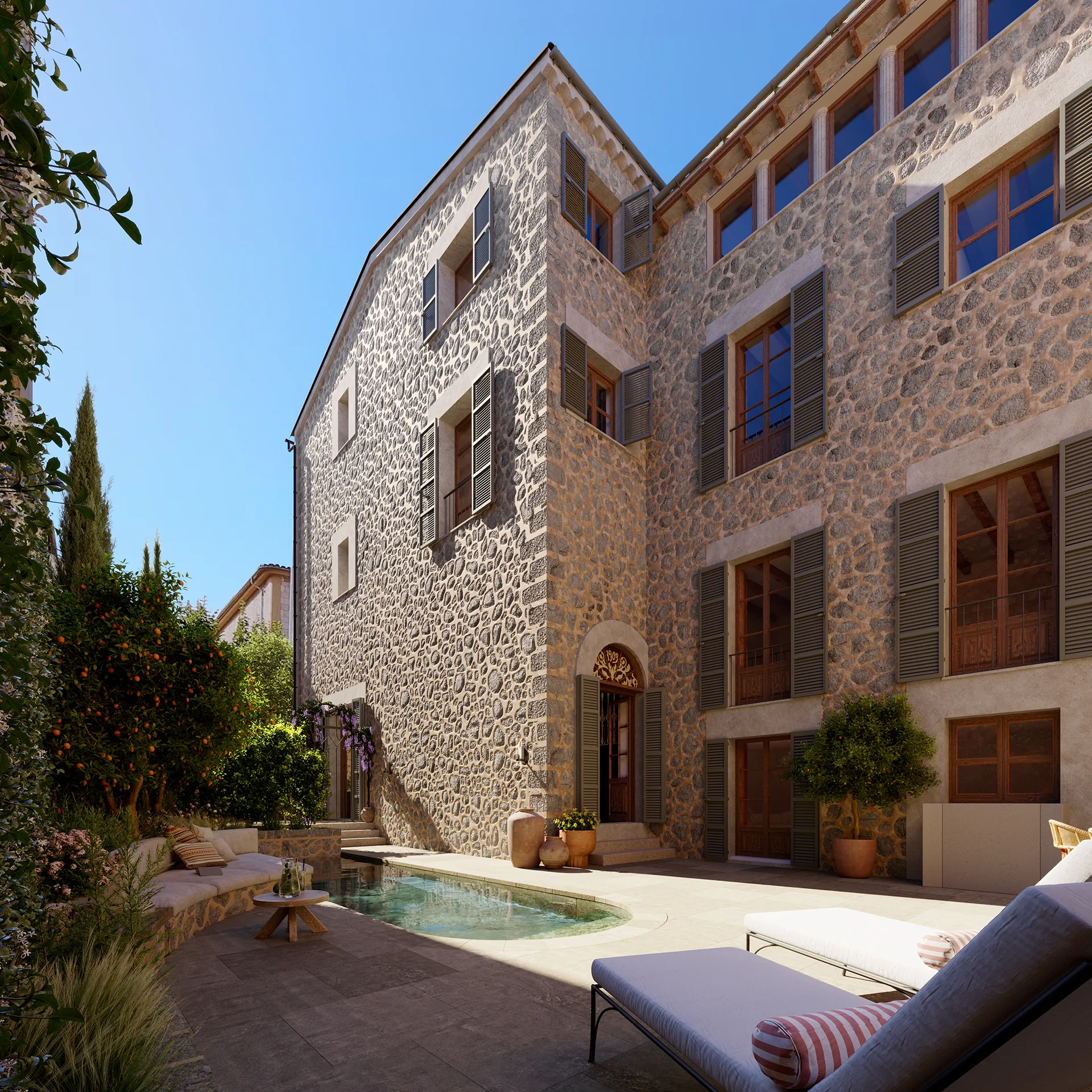 Townhouse Luxury Soller Mallorca Fassade eye level Photorealistics Visualisations