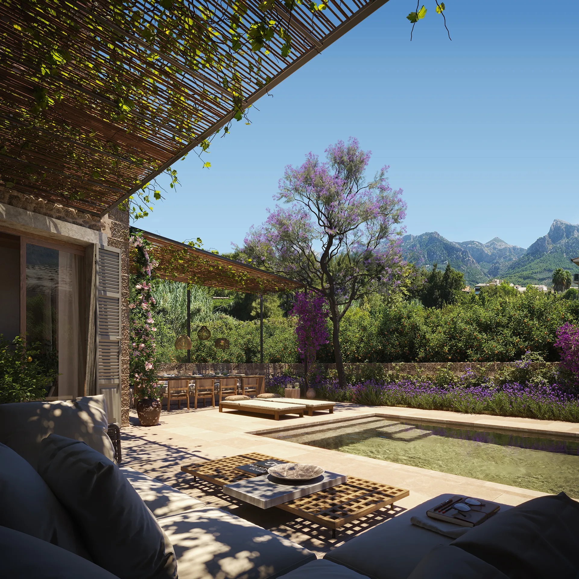 Casa Soller Mallorca jardin Visualizacion fotorrealista