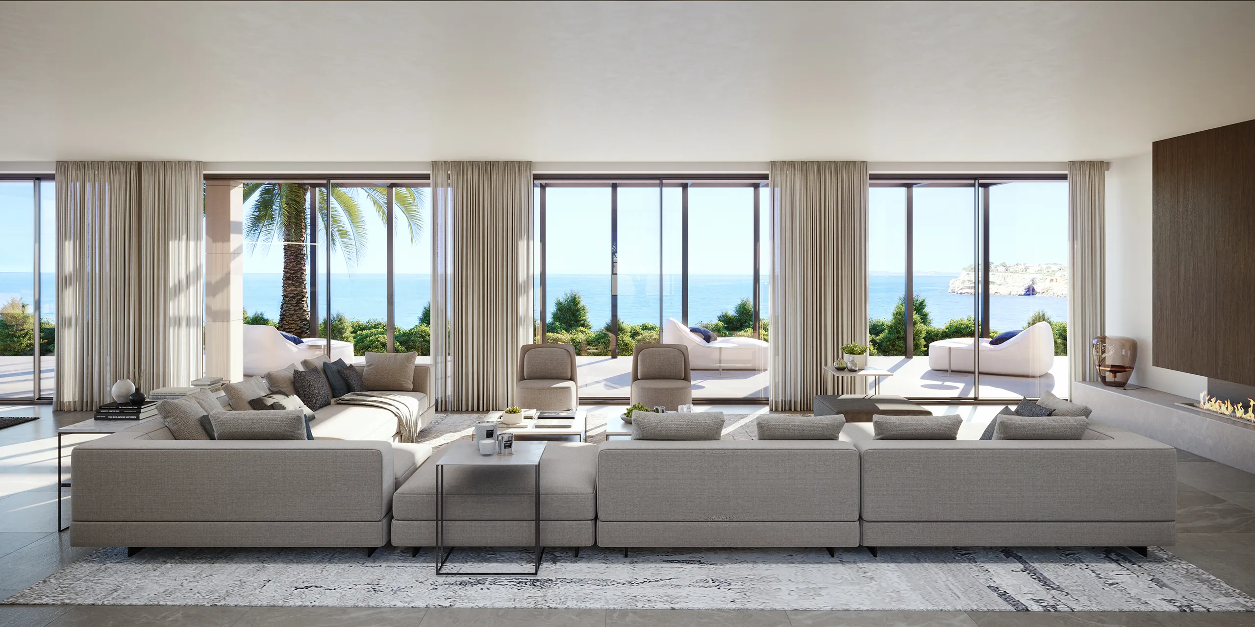 Villa Santa Ponsa Mallorca sala estar Render fotorrealista