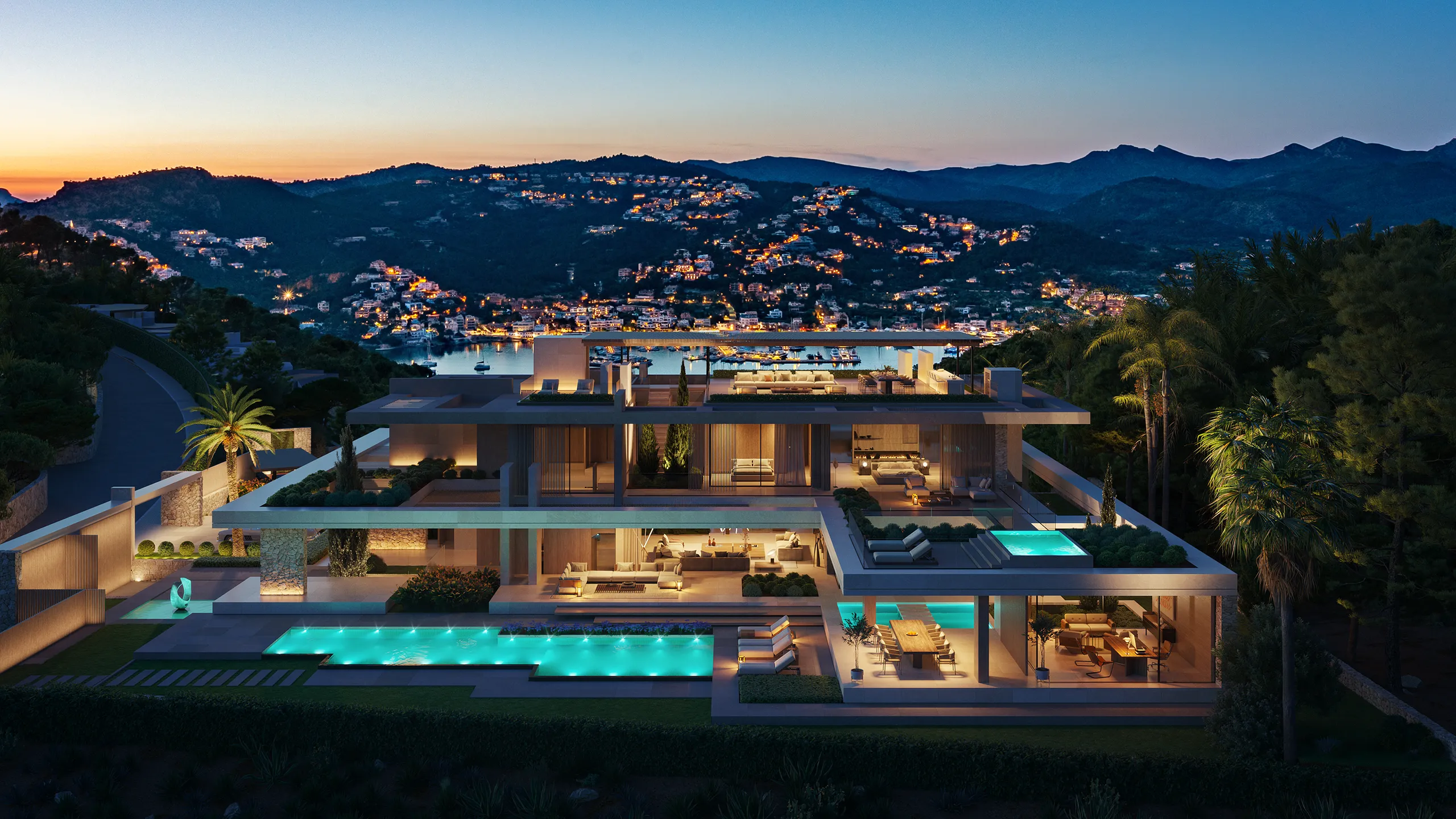 Estate Las Brisas Andratx Mallorca Aerial view real estate renders