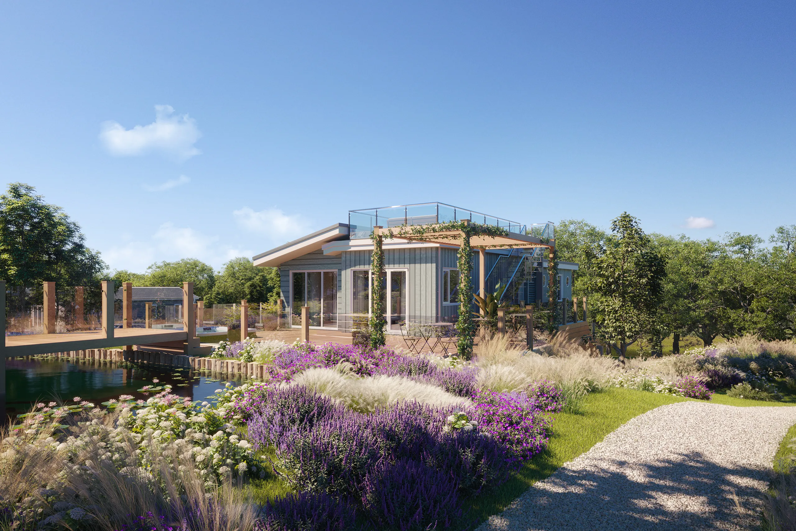 Burn Park Lodges Uk Fassade eye level Property Branding Visualisation