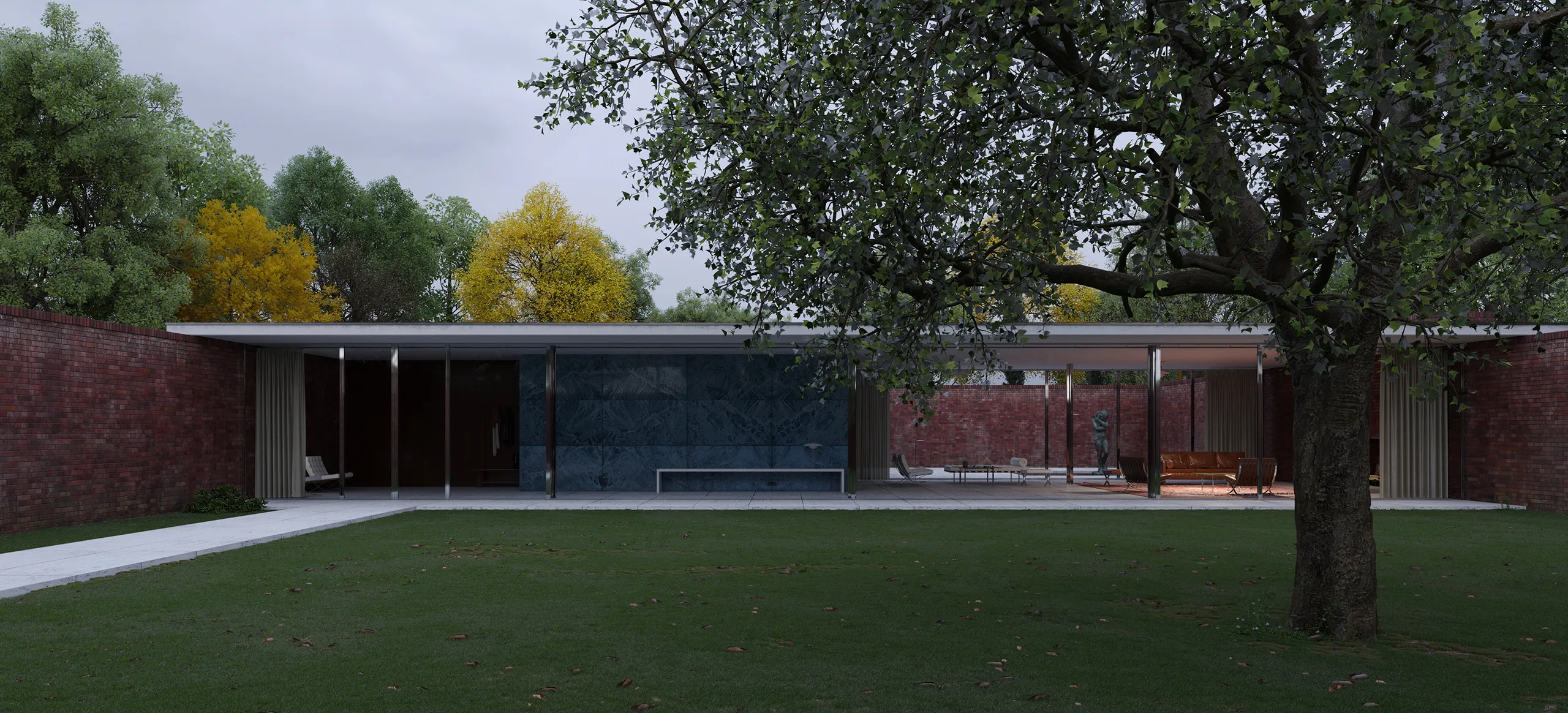 House Three Courts Mies Chicago Usa Fassade eye level hyperrealistic renders