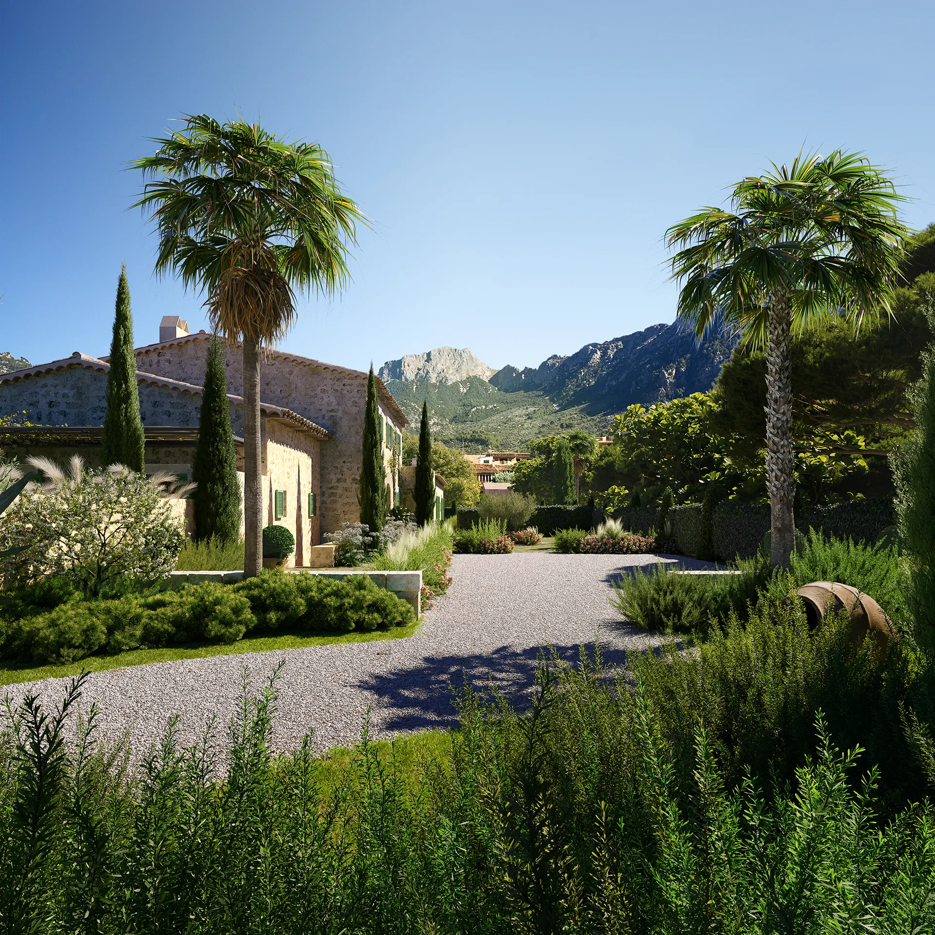 Finca Soller Mallorca Garden Photorealistic Visualization
