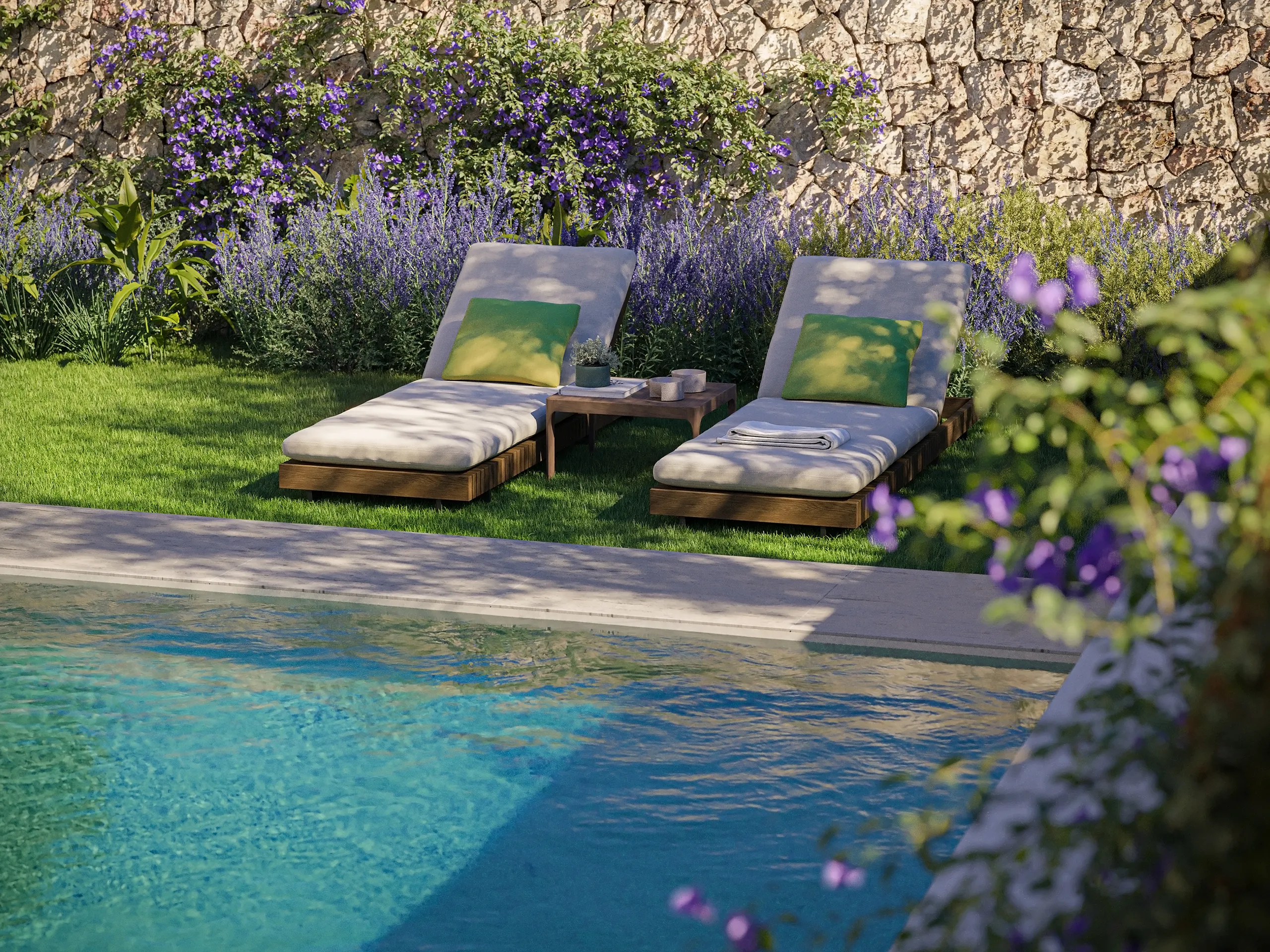 Villa Santanyi Mallorca piscina render fotorrealista