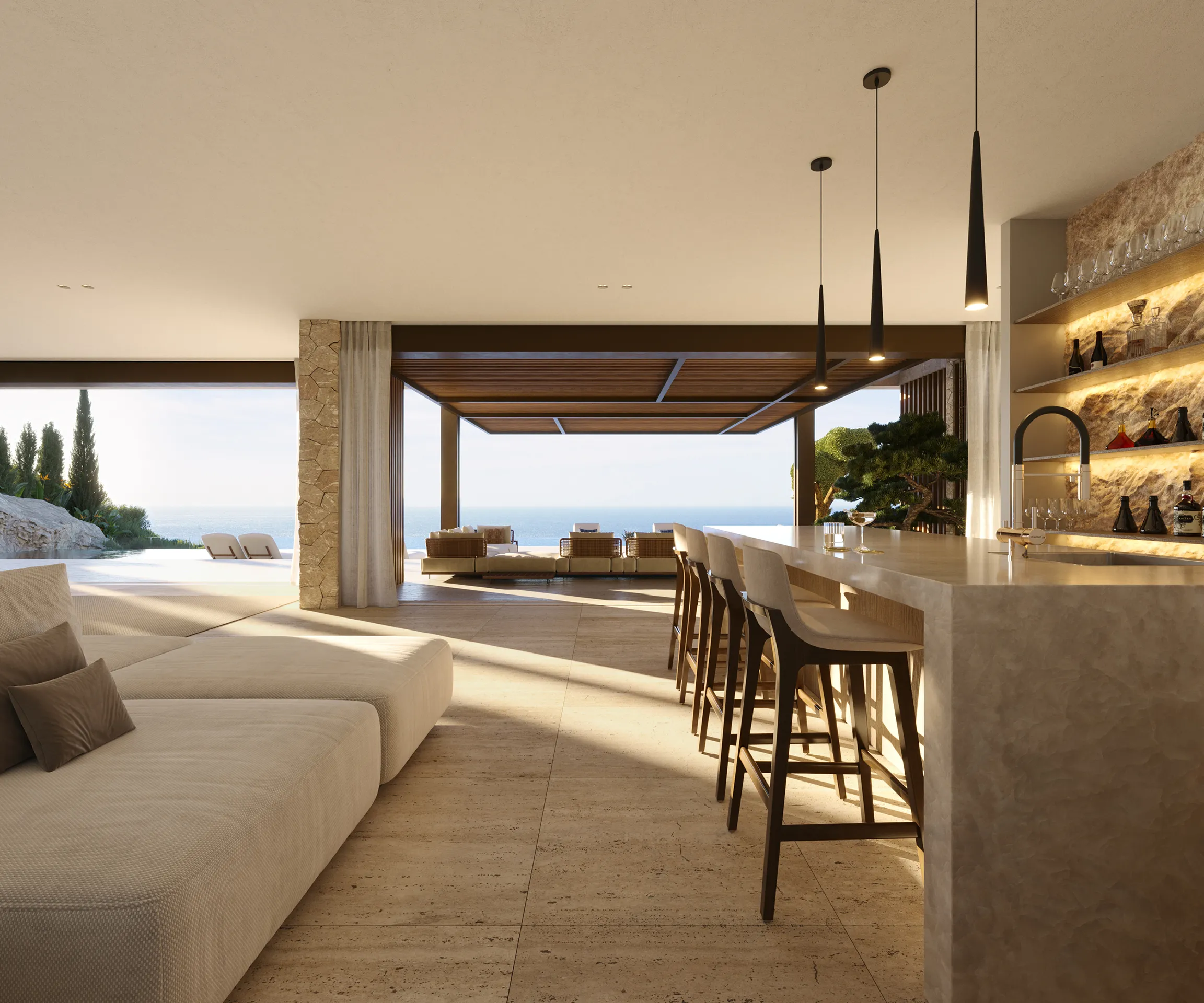 Villa Maravant Andratx Mallorca sala estar Render arquitectura