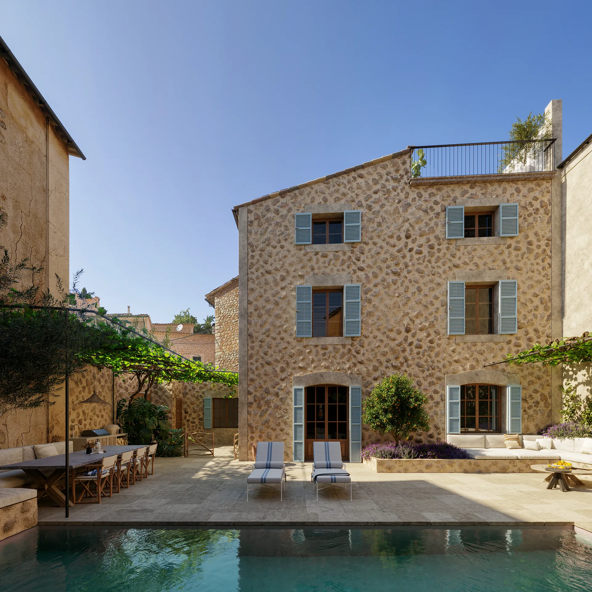 House Fornalutx Mallorca Fassade eye level Hyperrealistic Virtual Tour