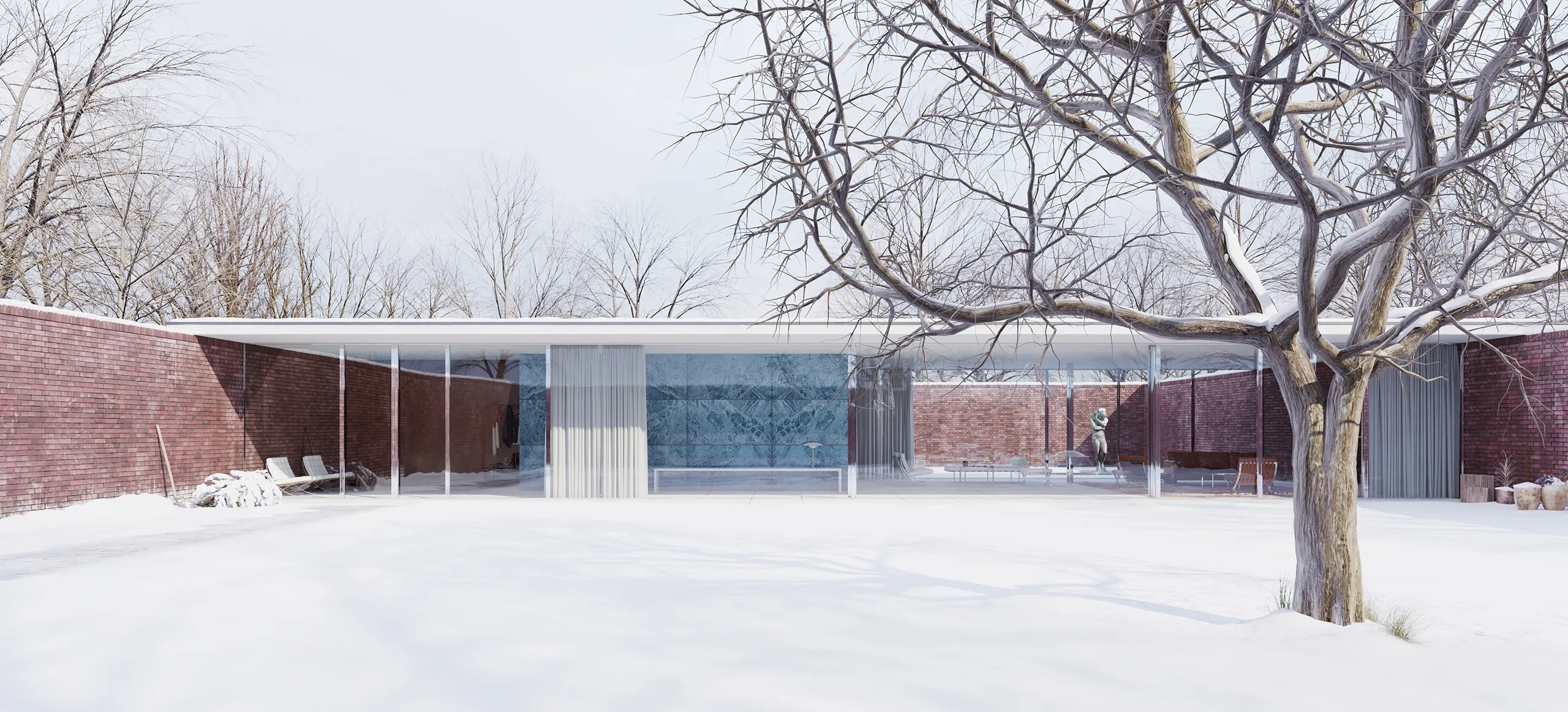 House Three Courts Mies Chicago Usa Fassade eye level photorealistic rendering