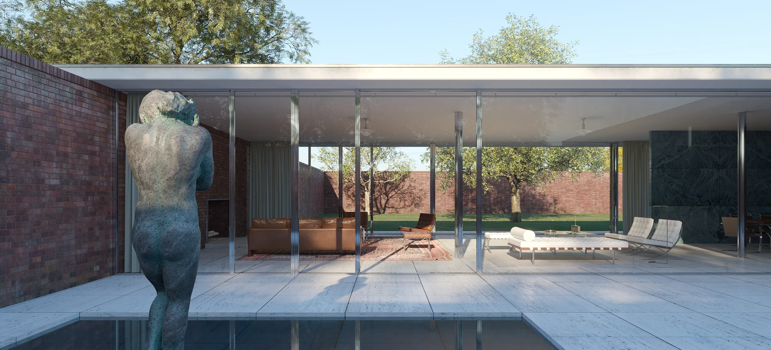 House Three Courts Mies Chicago Usa Entrance 3D Photorealism