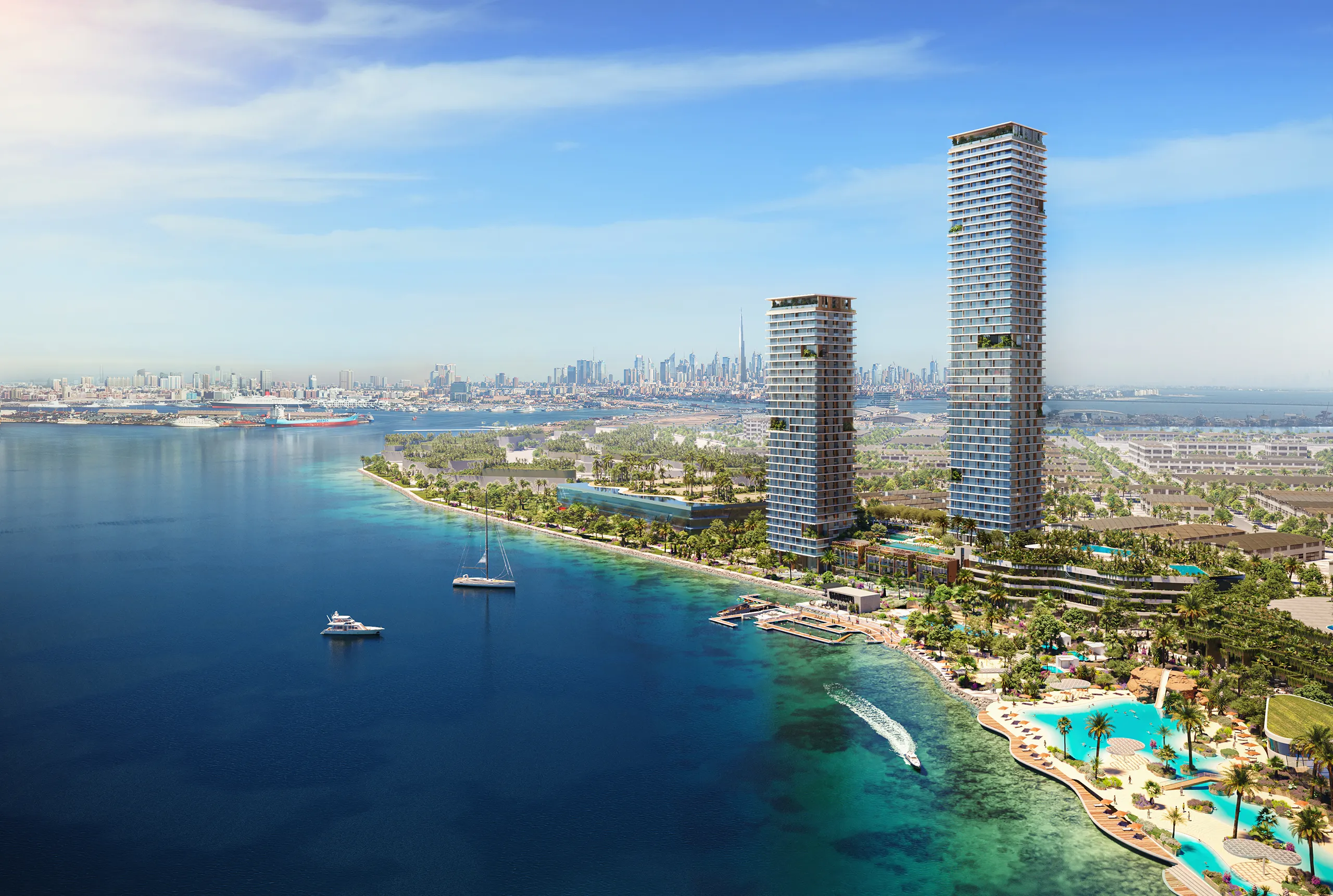 Dmc viviendas Maritime City Dubai Vista aerea 3D Fotorrealismo