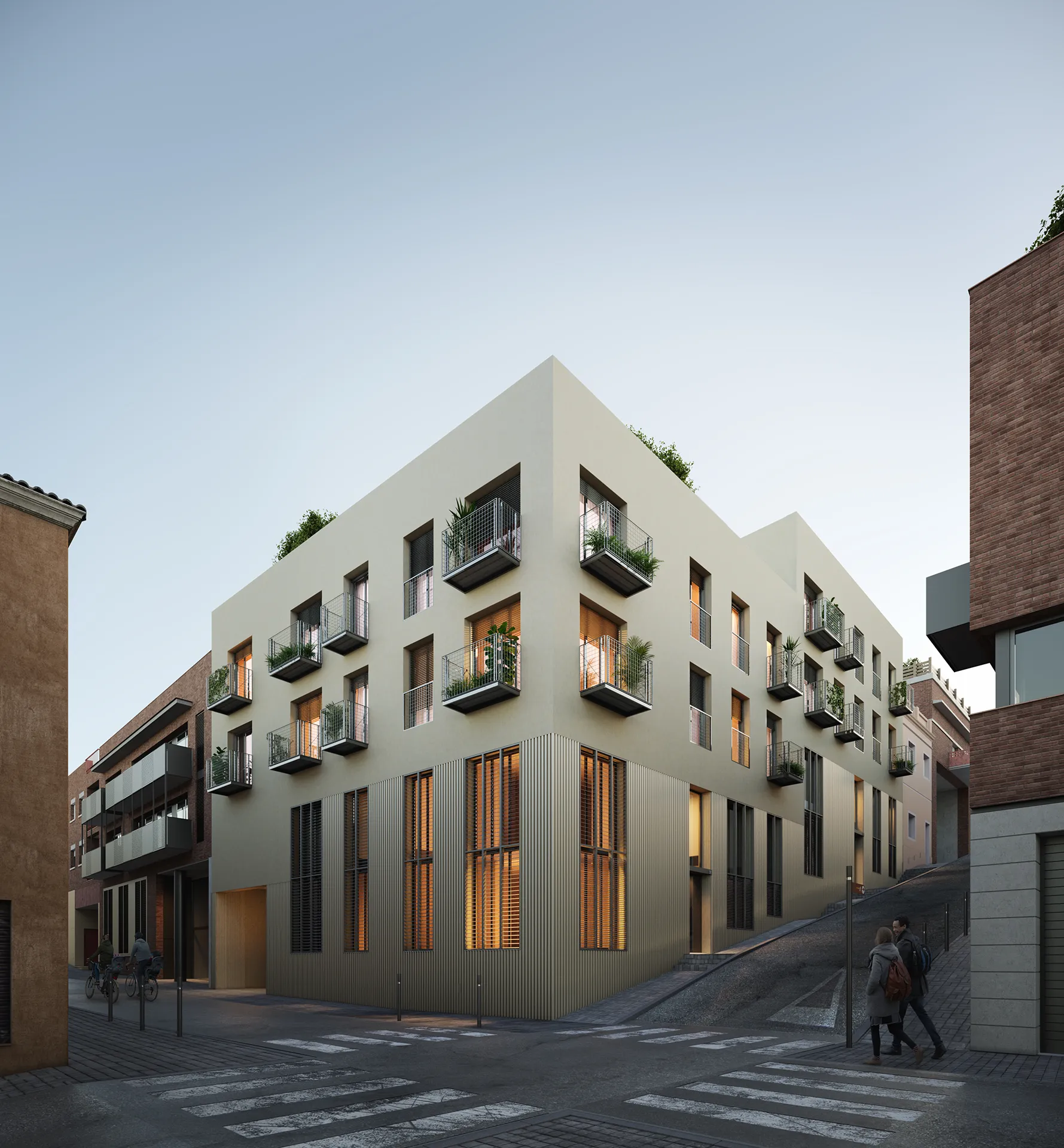 Mas Vidrier Piso Barcelona Fassade eye level Hyperrealistic 3D