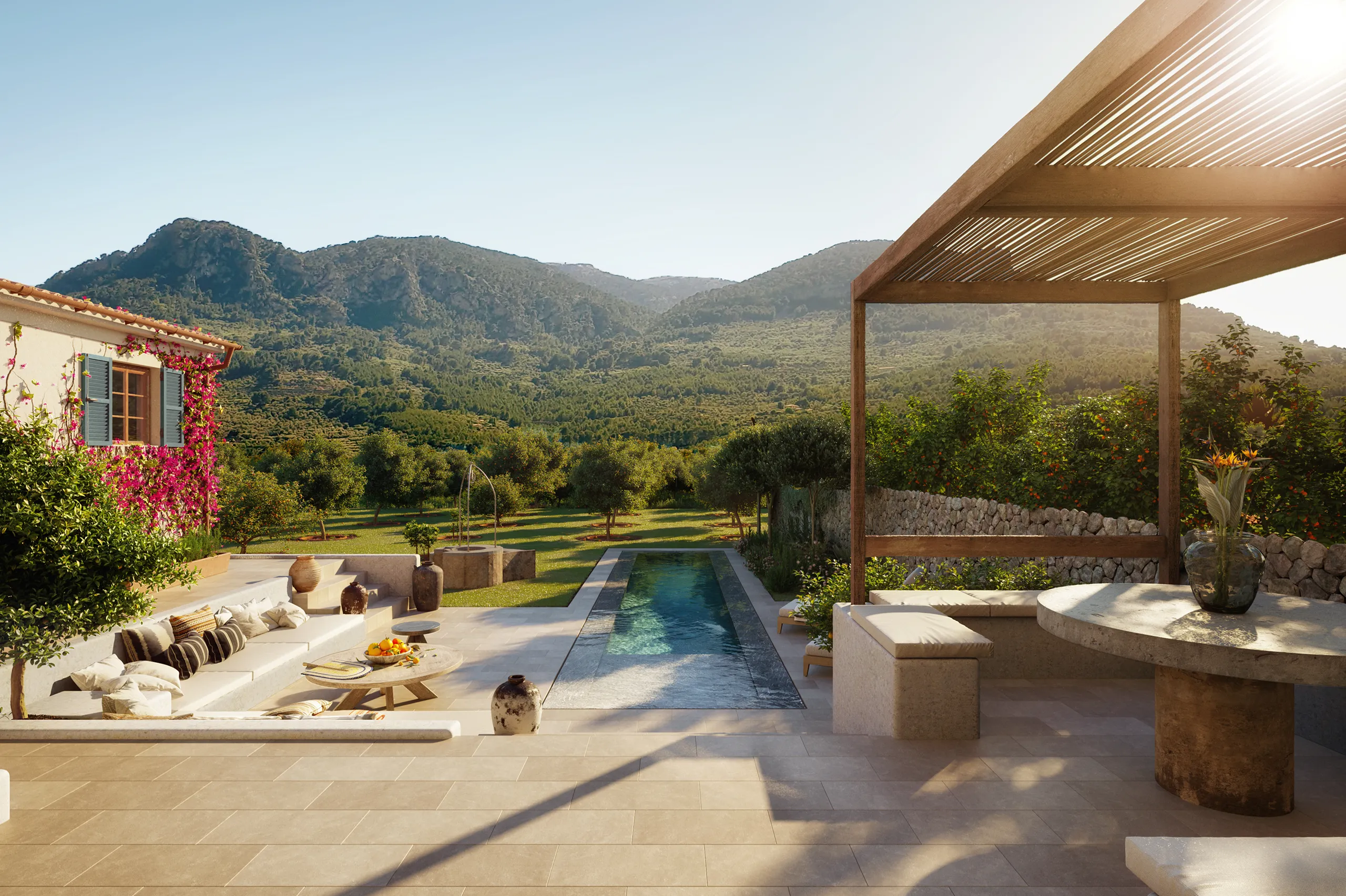 Townhouse Soller Mallorca Patio Photorealistic Rendering