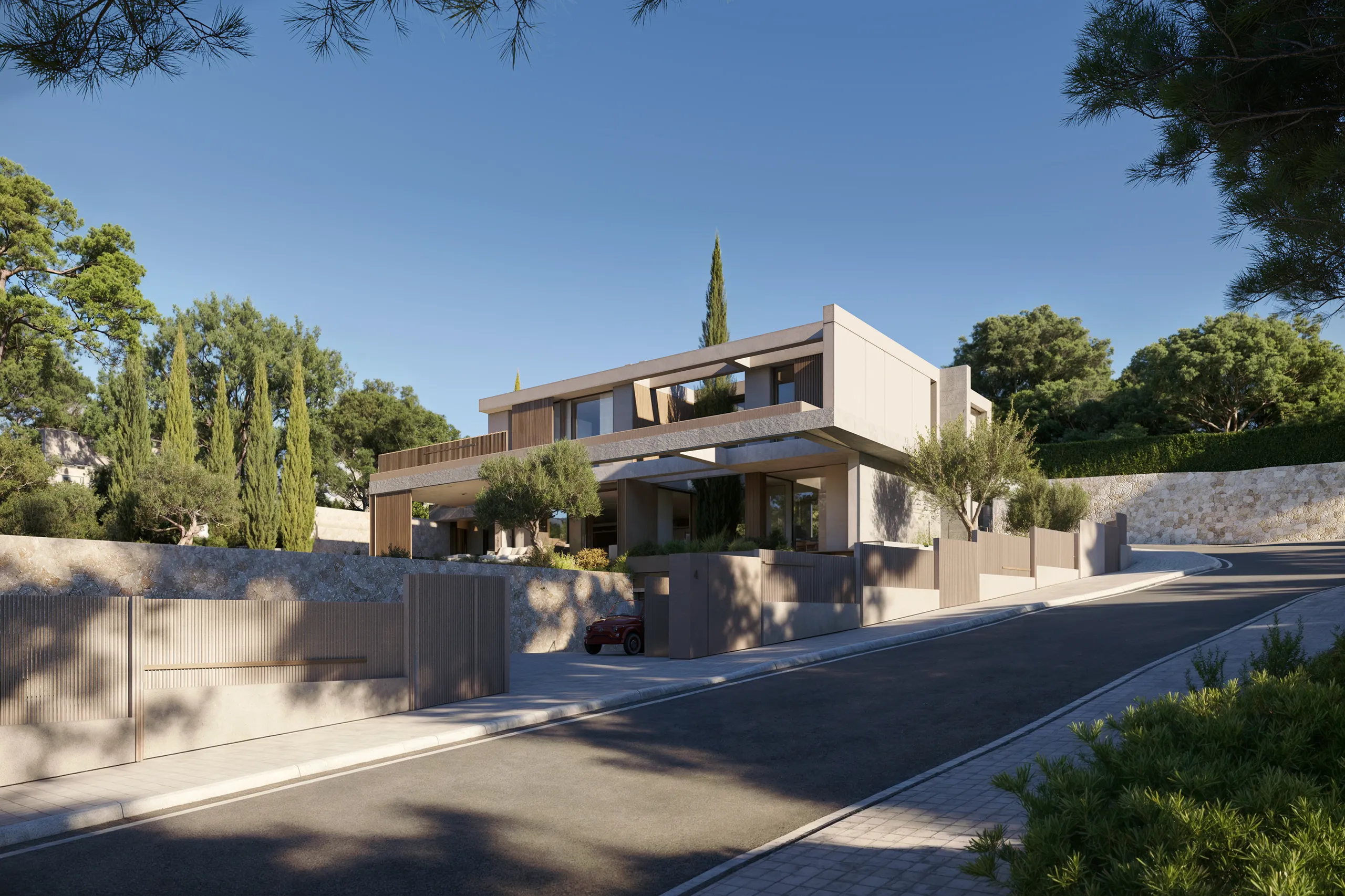 Villa Cala Falco Mallorca acceso rodado Render arquitectura