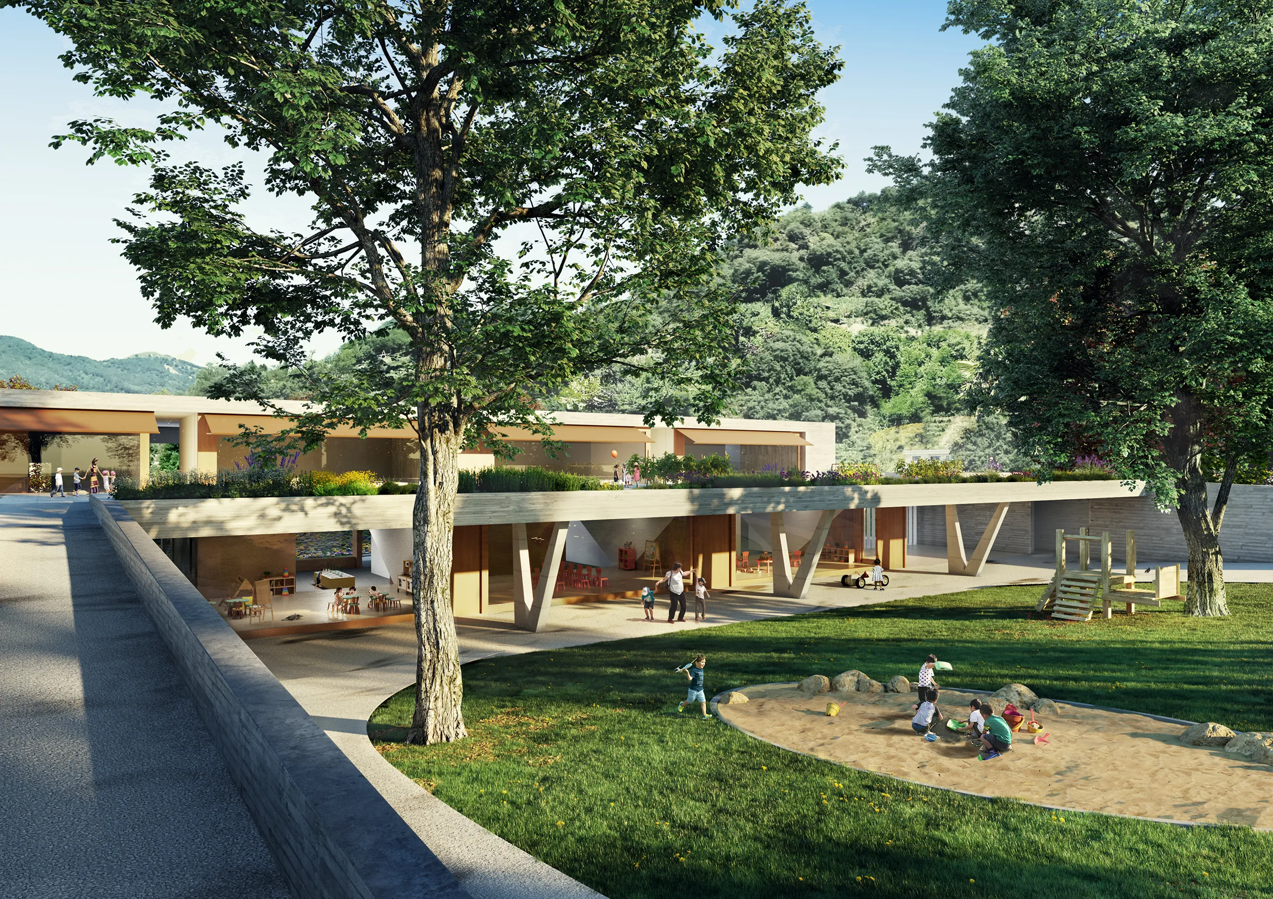 School Ticino Ticino Switzerland Fassade eye level Architecture Visualisation