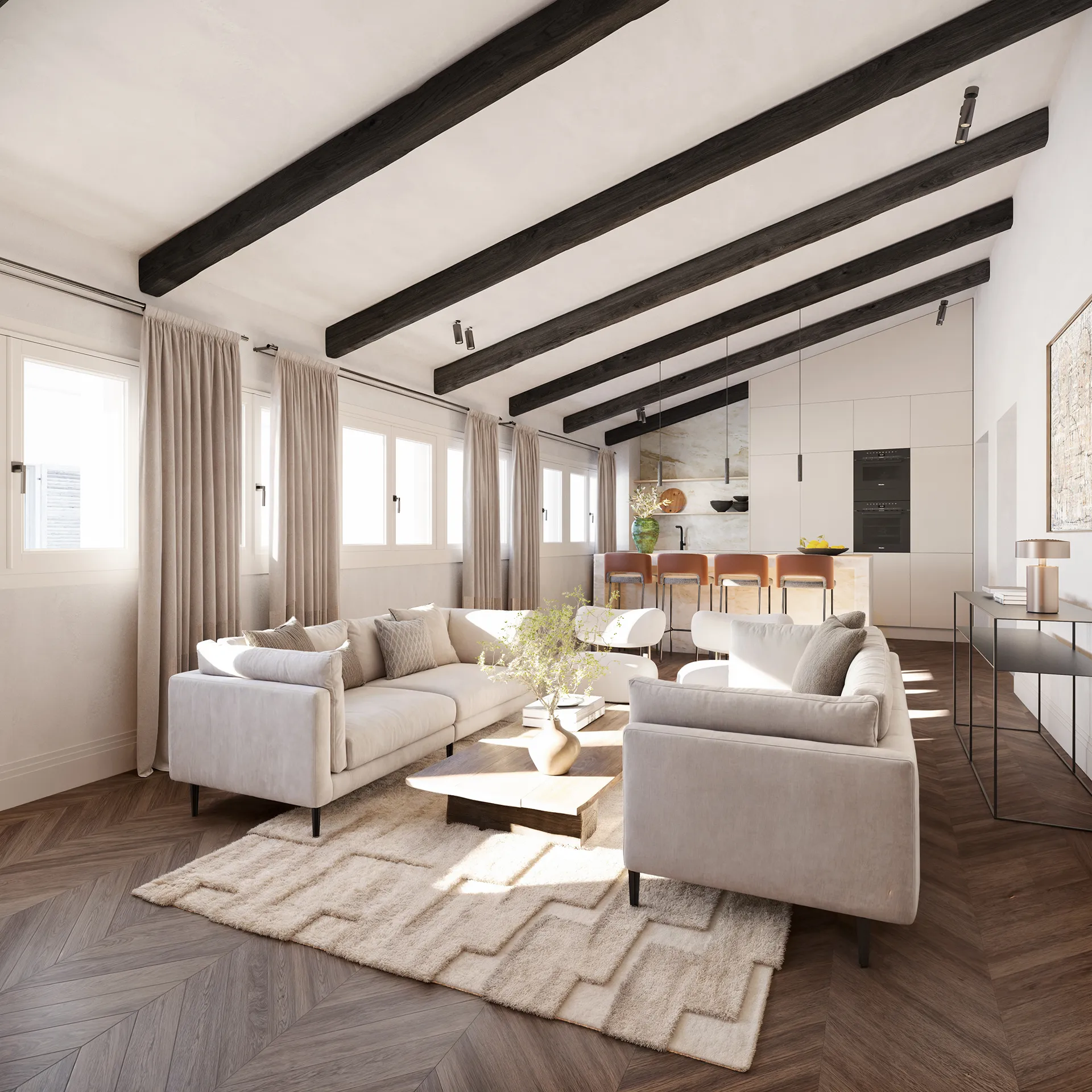 Can Granada apartamentos Palma Mallorca sala estar render fotorrealista