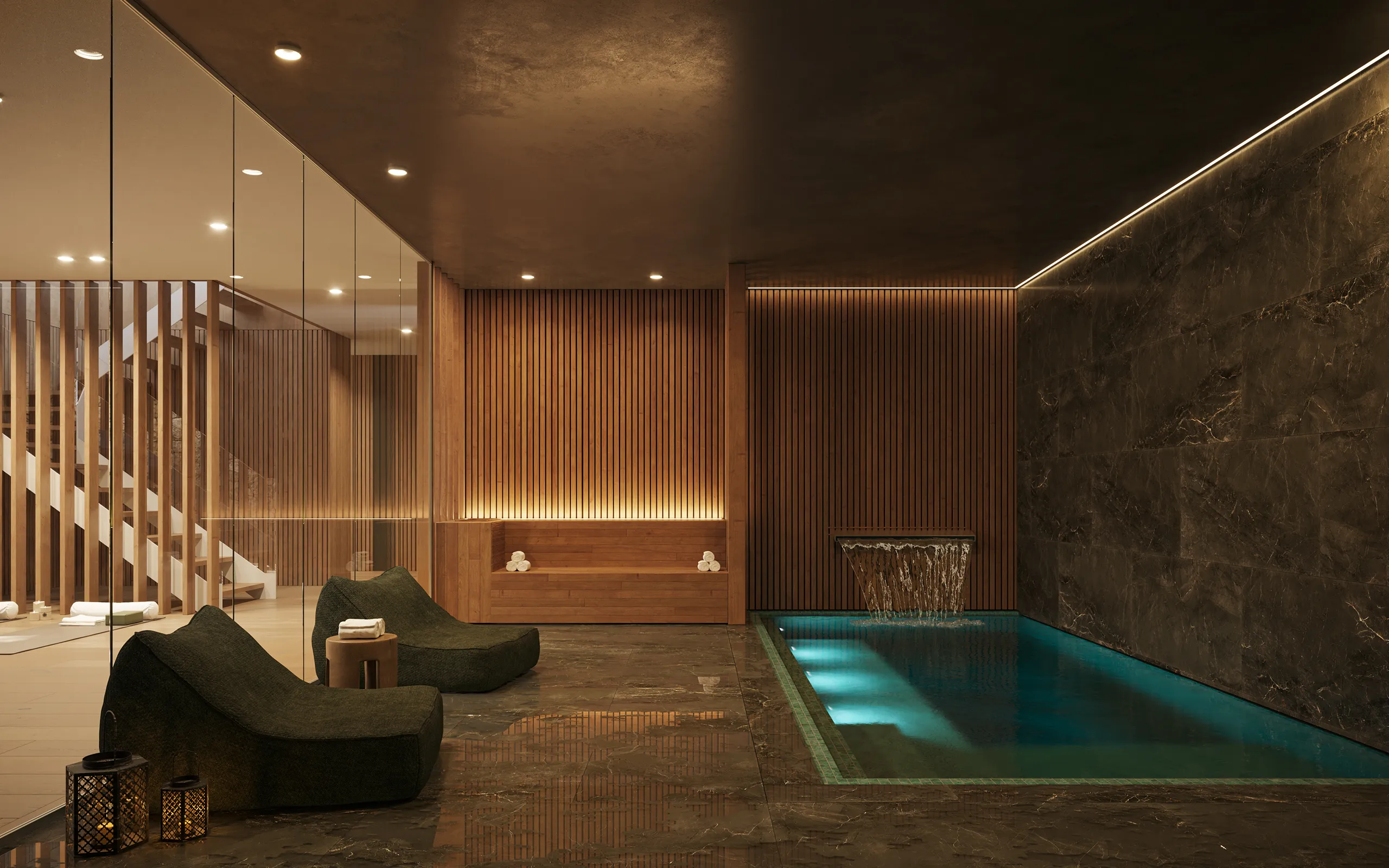 Casa Sitges Barcelona piscina interior Render arquitectura